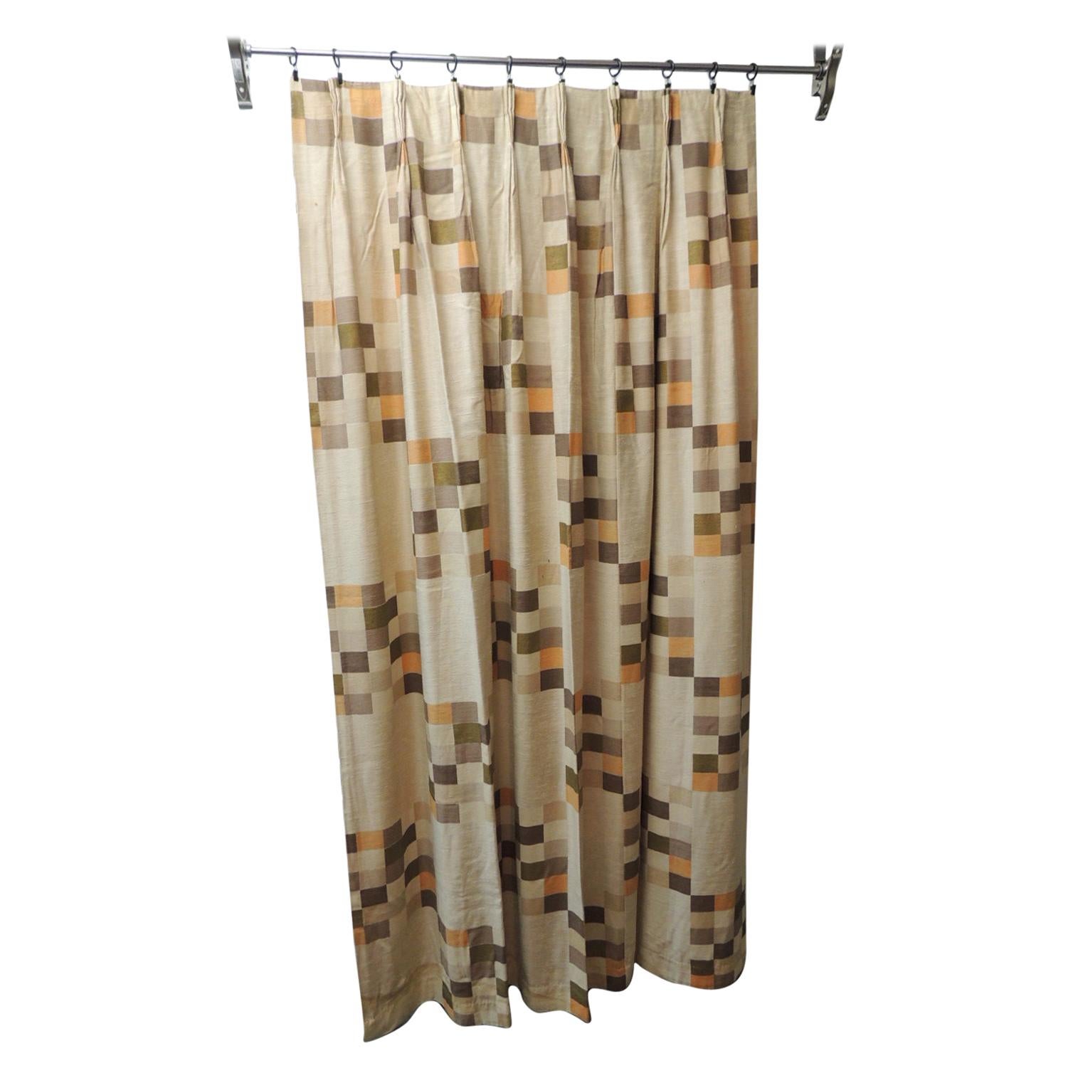 Mid-Century Modern Orange and Brown Squares Pattern Drapery Panel For Sale