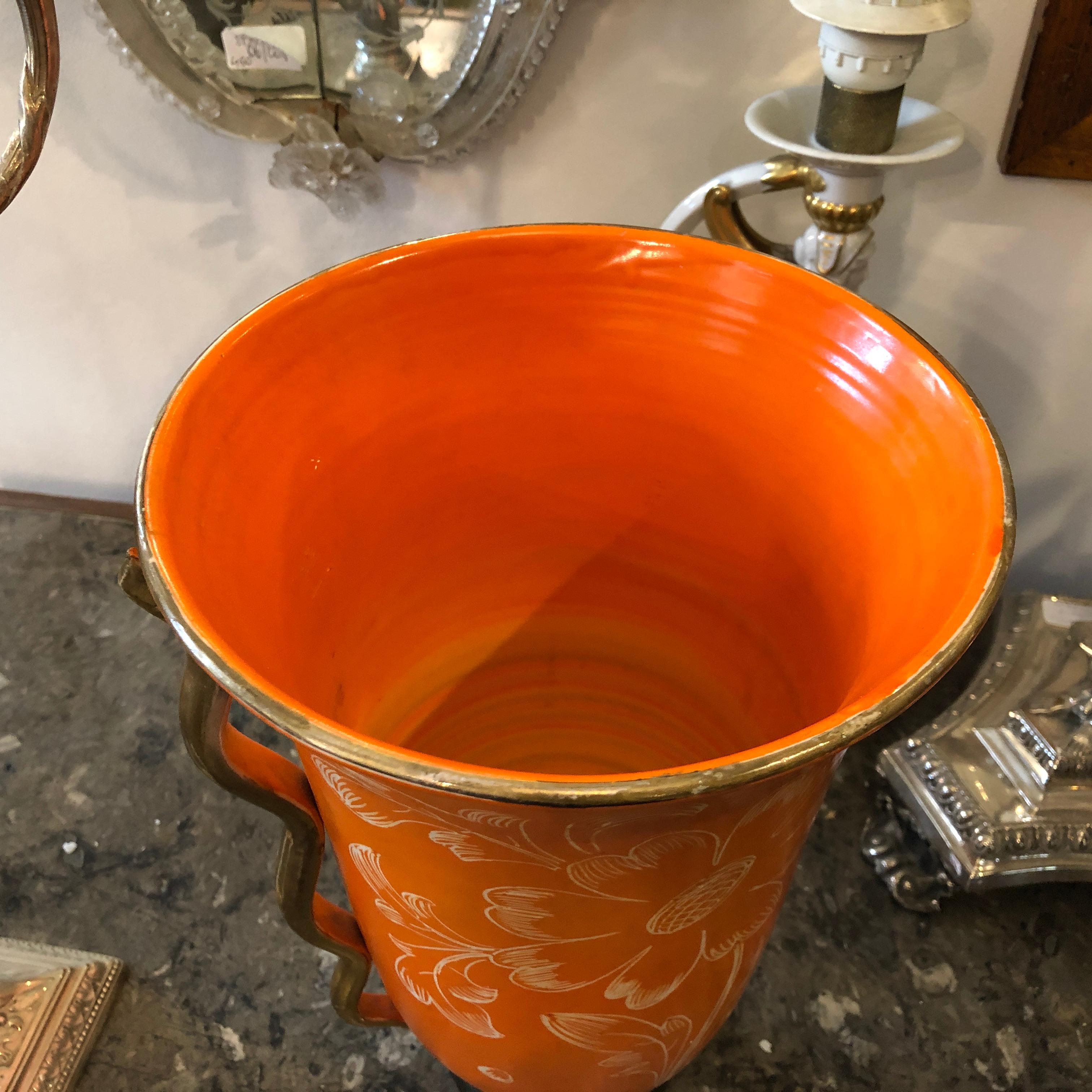 Hand-Painted Mid-Century Modern Orange Ceramic Italian Vase, circa 1950