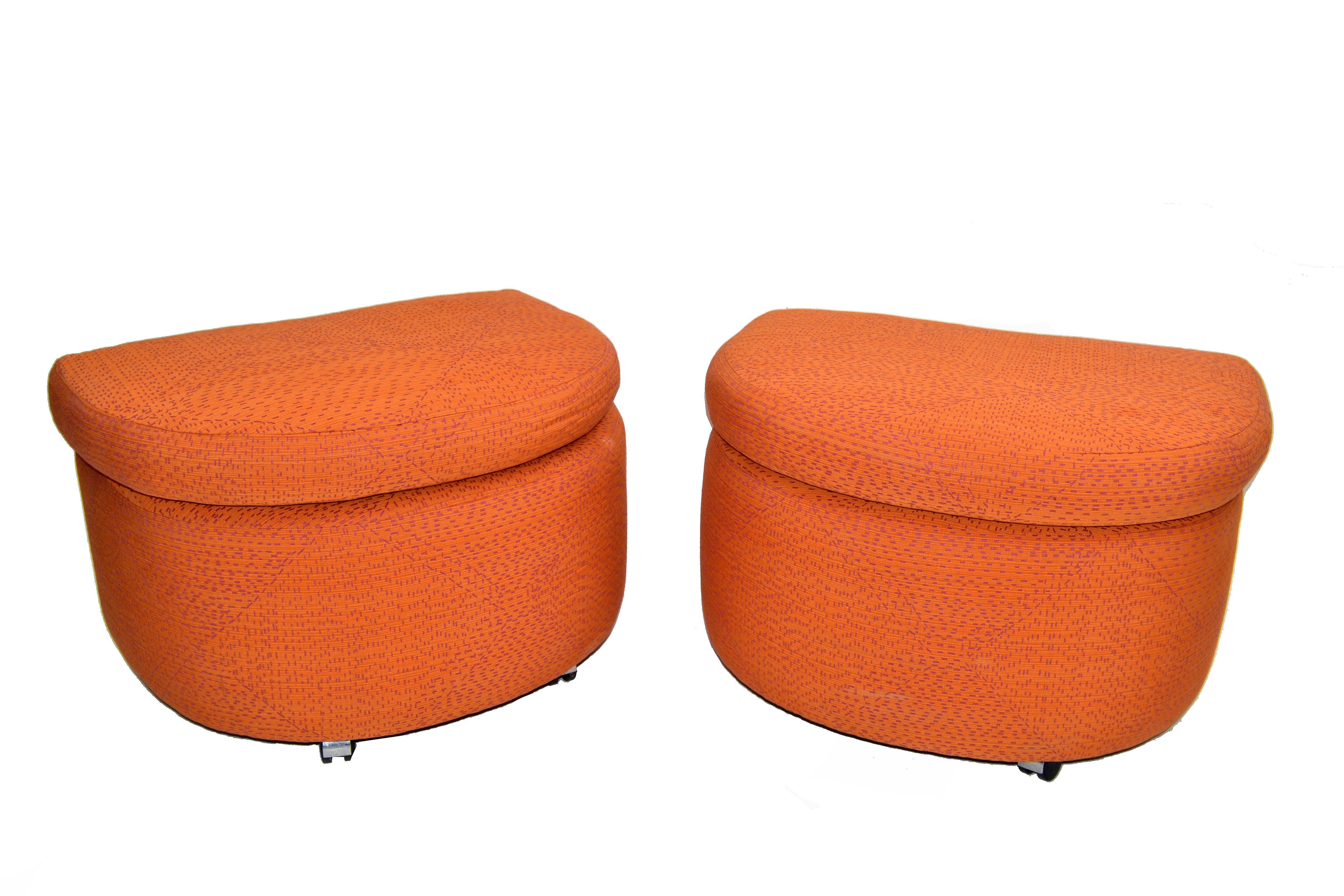 Mid-Century Modern Orange Cotton Upholstery Ottoman on Casters & Cushions - Pair For Sale 4