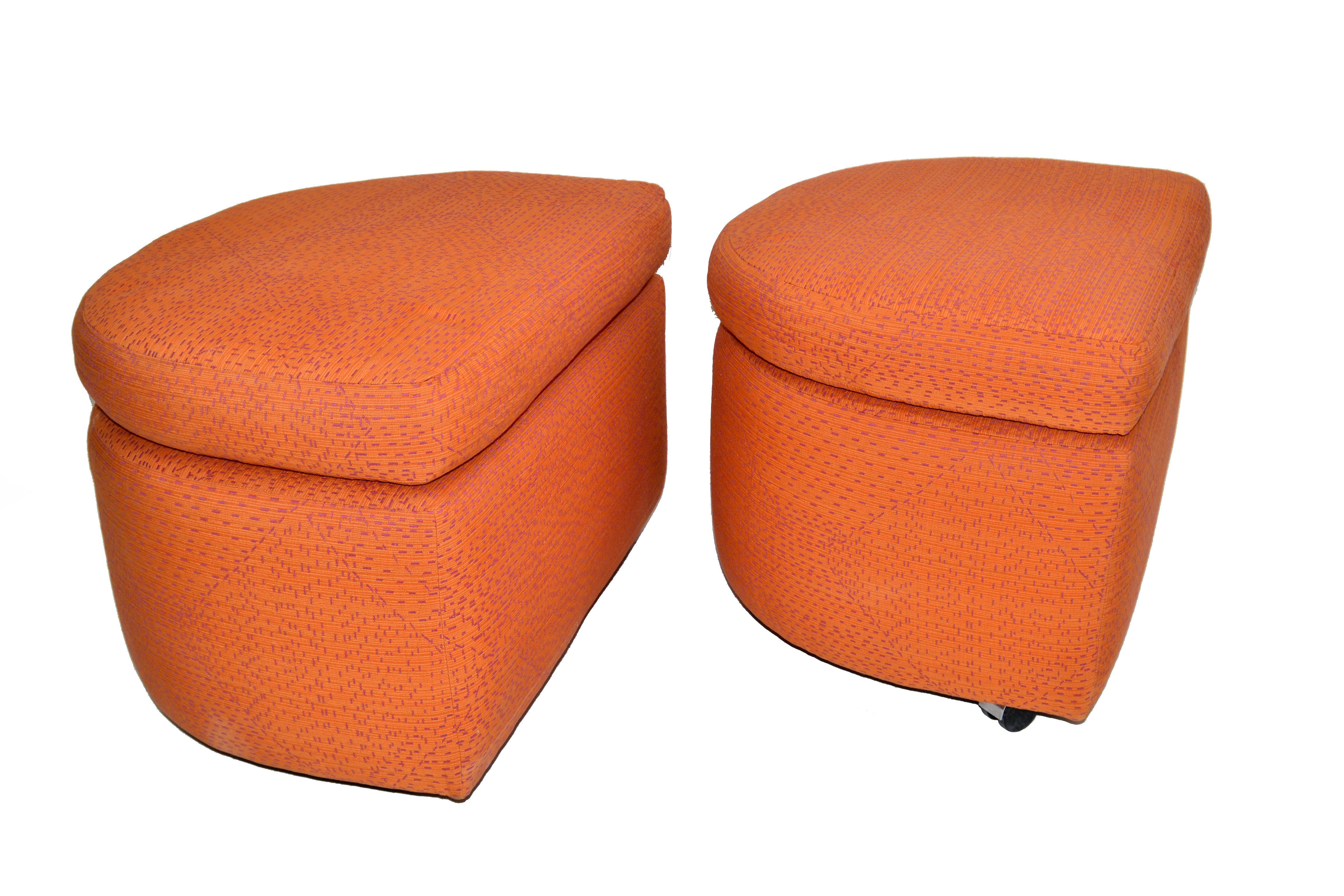 American Mid-Century Modern Orange Cotton Upholstery Ottoman on Casters & Cushions - Pair For Sale