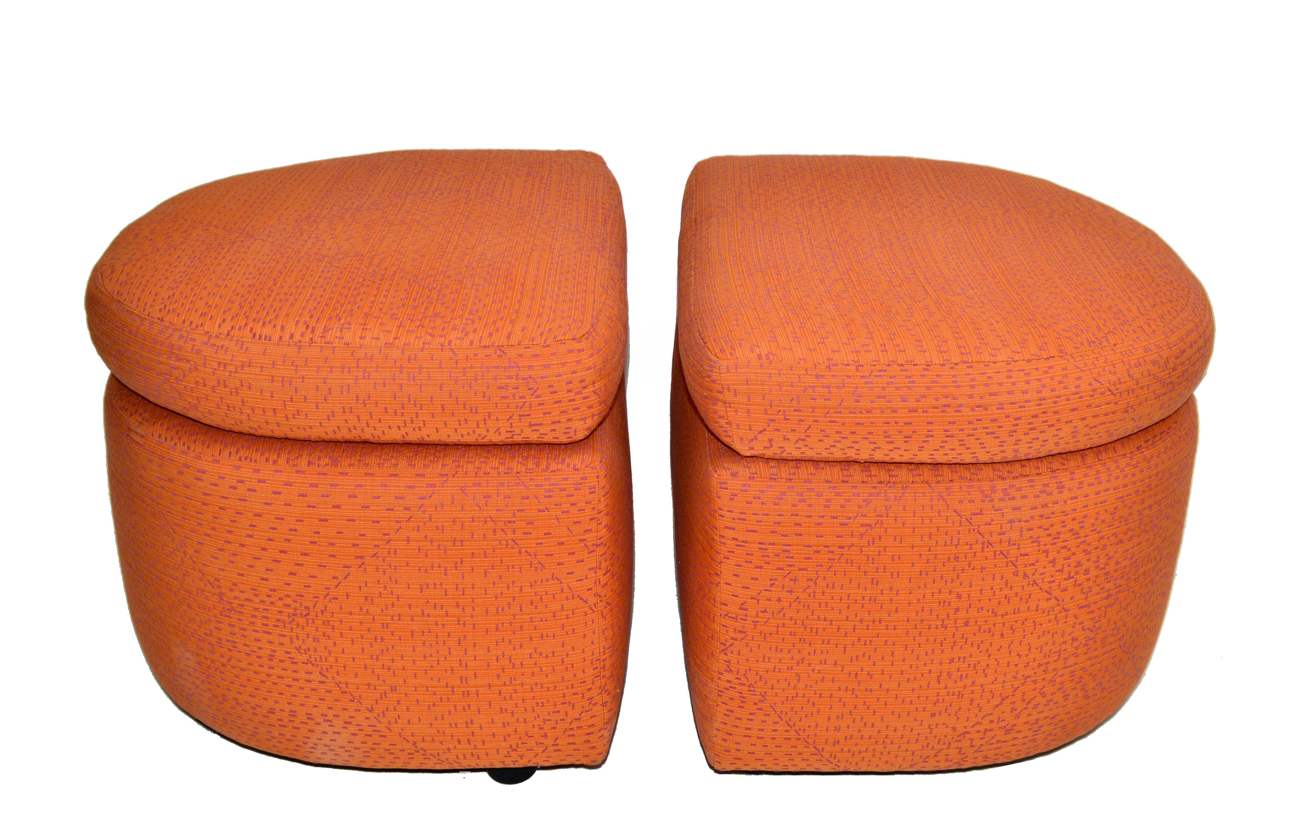 Hand-Crafted Mid-Century Modern Orange Cotton Upholstery Ottoman on Casters & Cushions - Pair For Sale