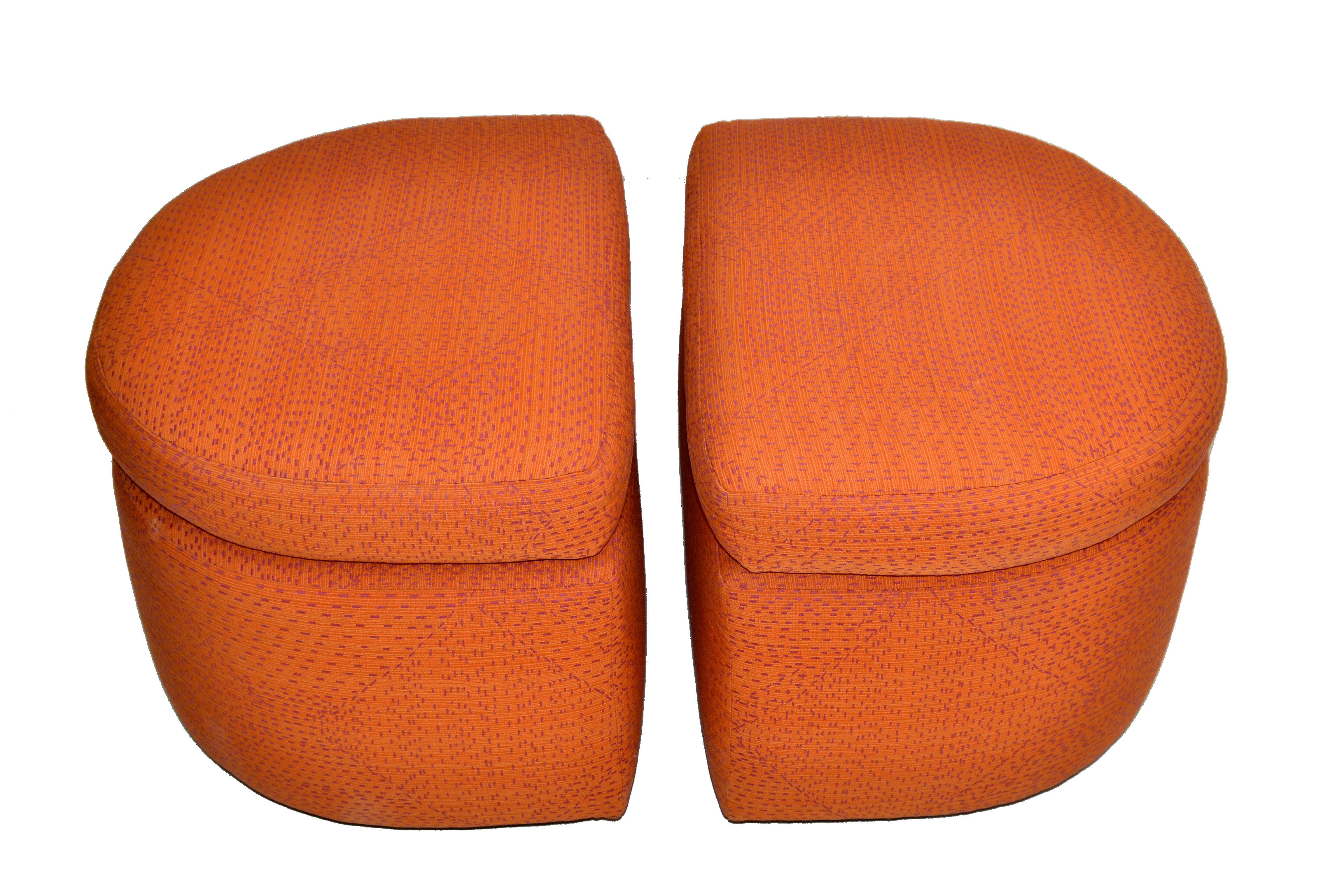 20th Century Mid-Century Modern Orange Cotton Upholstery Ottoman on Casters & Cushions - Pair For Sale
