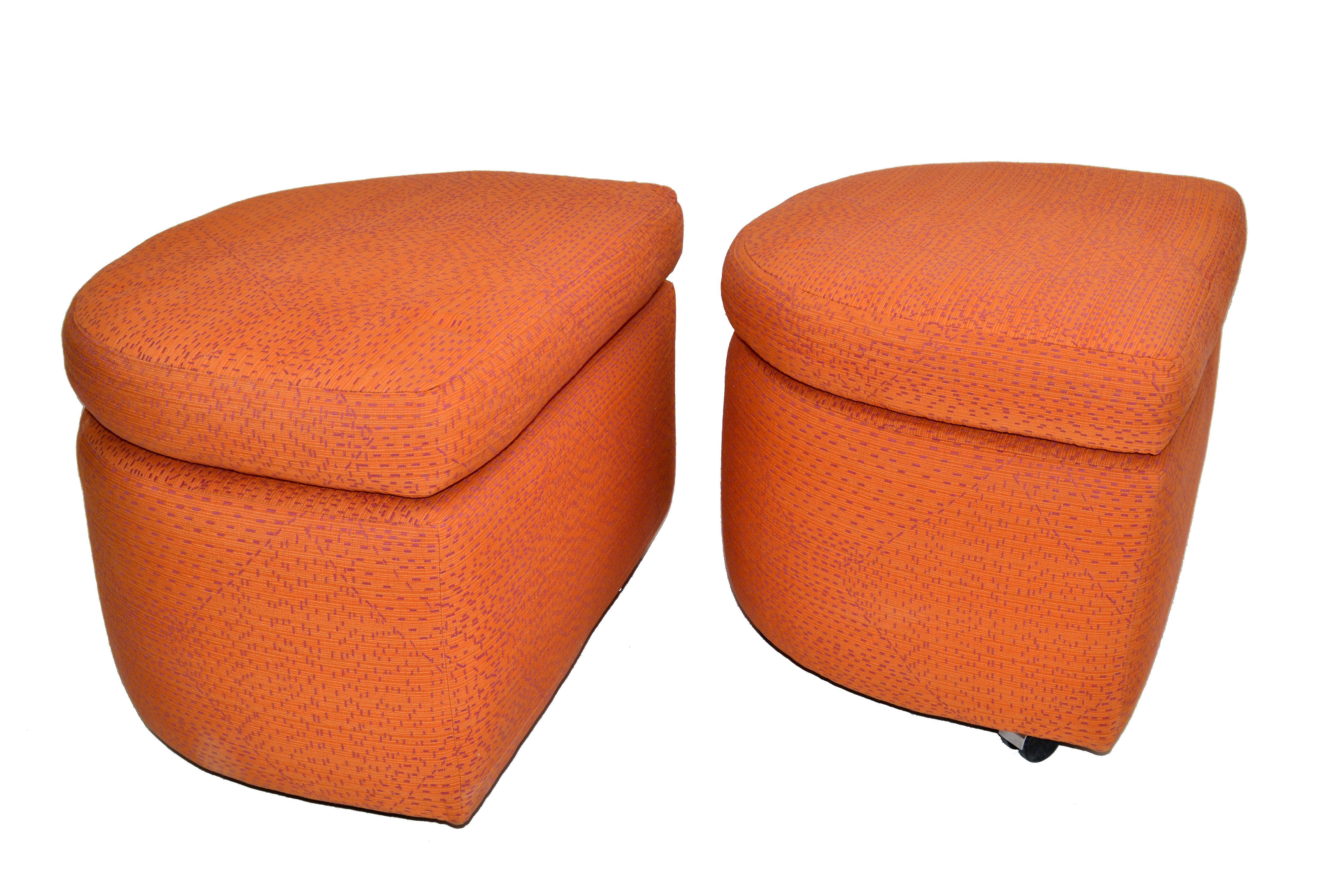 Plastic Mid-Century Modern Orange Cotton Upholstery Ottoman on Casters & Cushions - Pair For Sale