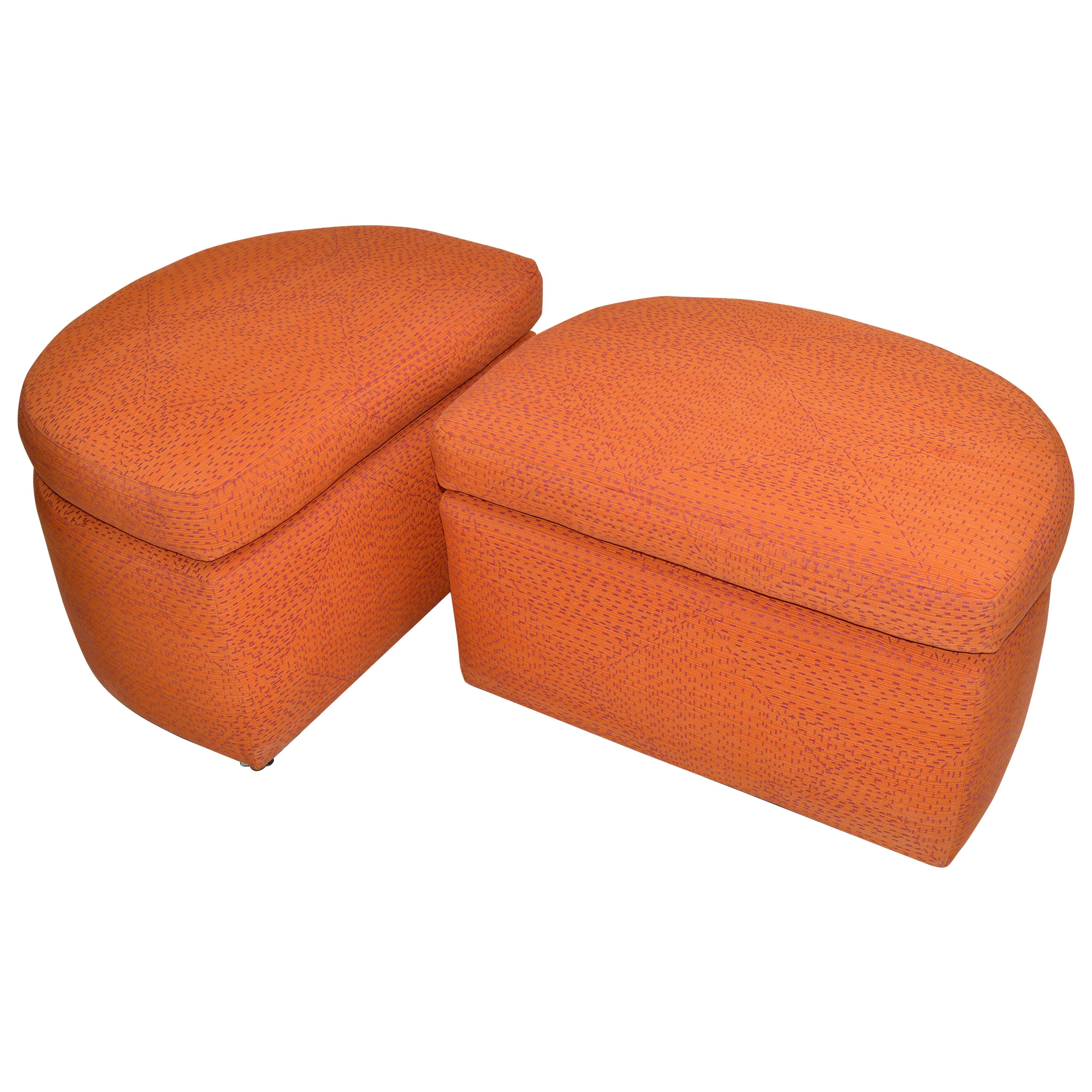 Mid-Century Modern Orange Cotton Upholstery Ottoman on Casters & Cushions - Pair