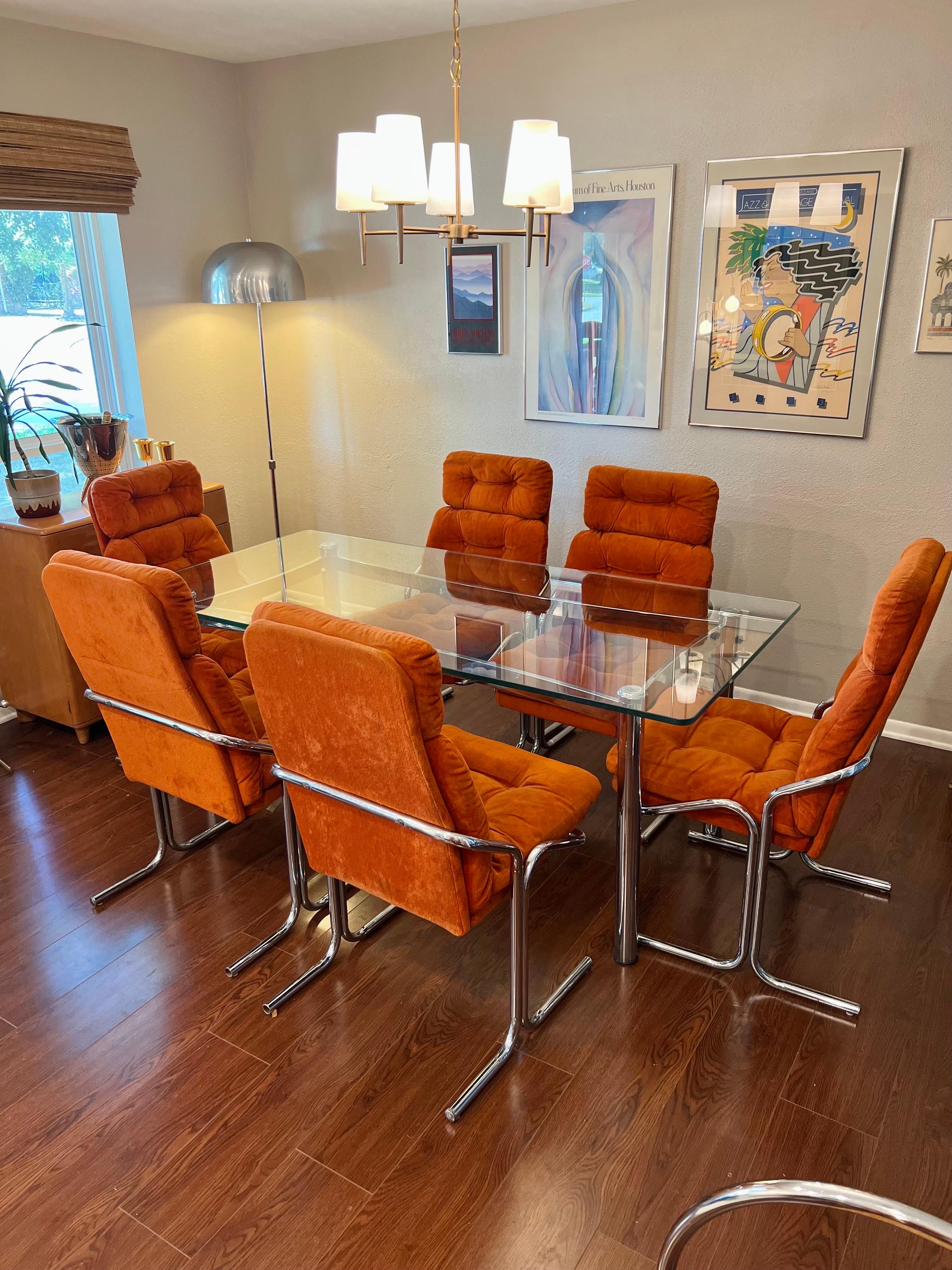 Mid-Century Modern Orange Dining Set of 6 Chrome Chairs by Cal-Style Furniture In Good Condition In Houston, TX