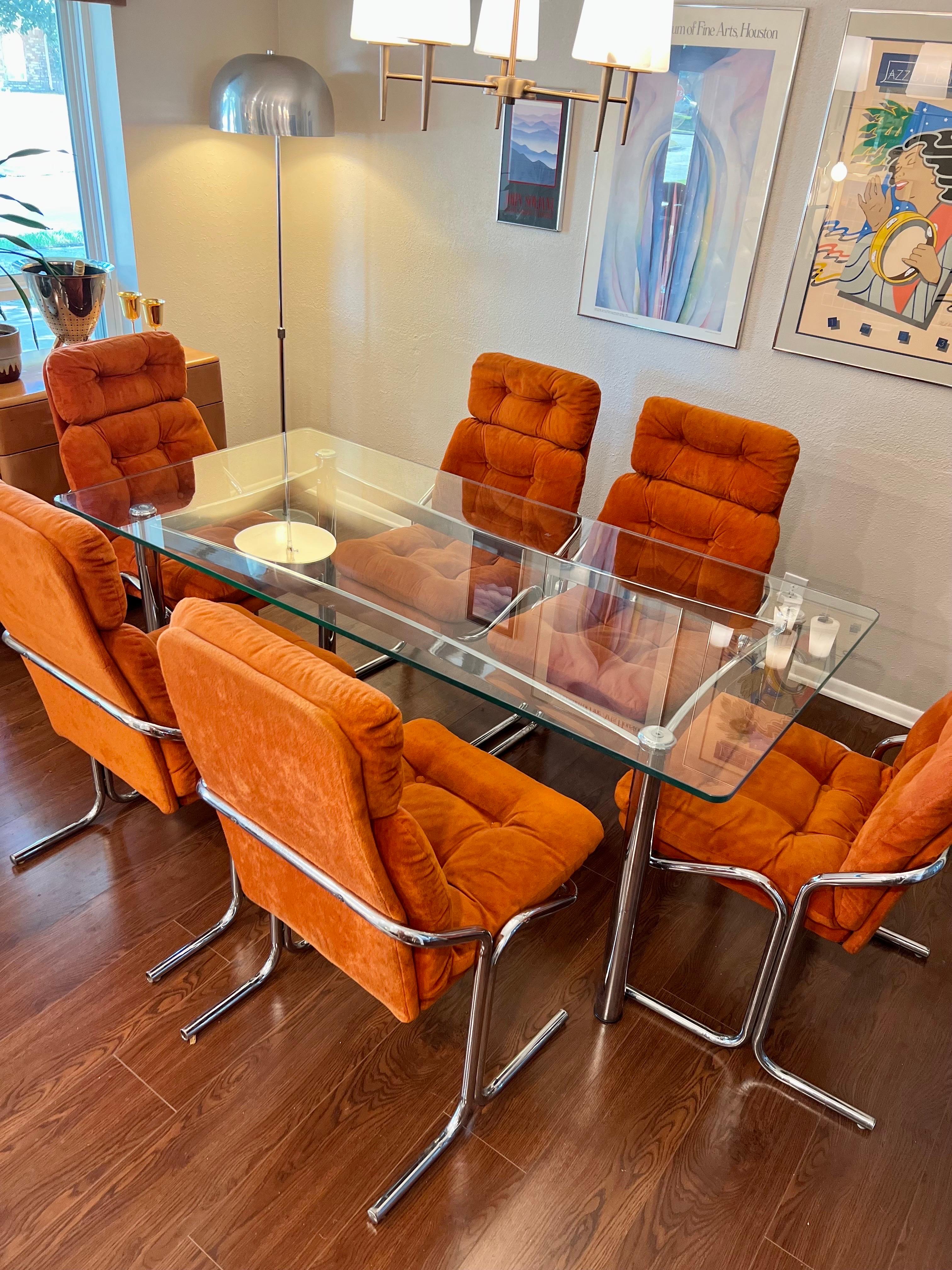 Late 20th Century Mid-Century Modern Orange Dining Set of 6 Chrome Chairs by Cal-Style Furniture