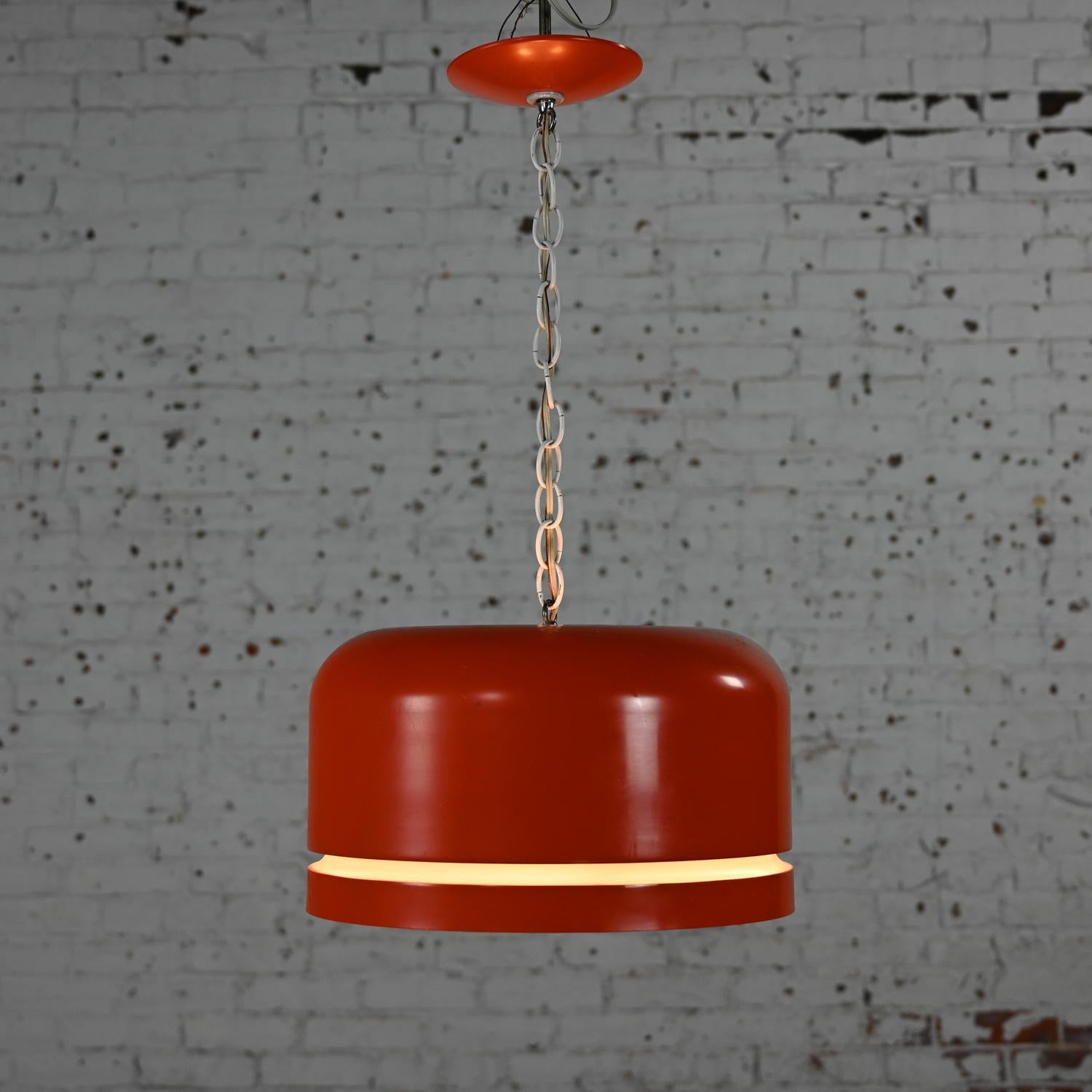 Mid Century Modern Orange Dome Pendant Hanging Light Fixture by Lightolier For Sale 3