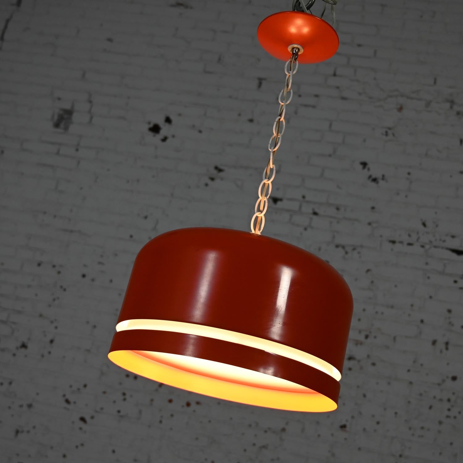 Mid Century Modern Orange Dome Pendant Hanging Light Fixture by Lightolier For Sale 4
