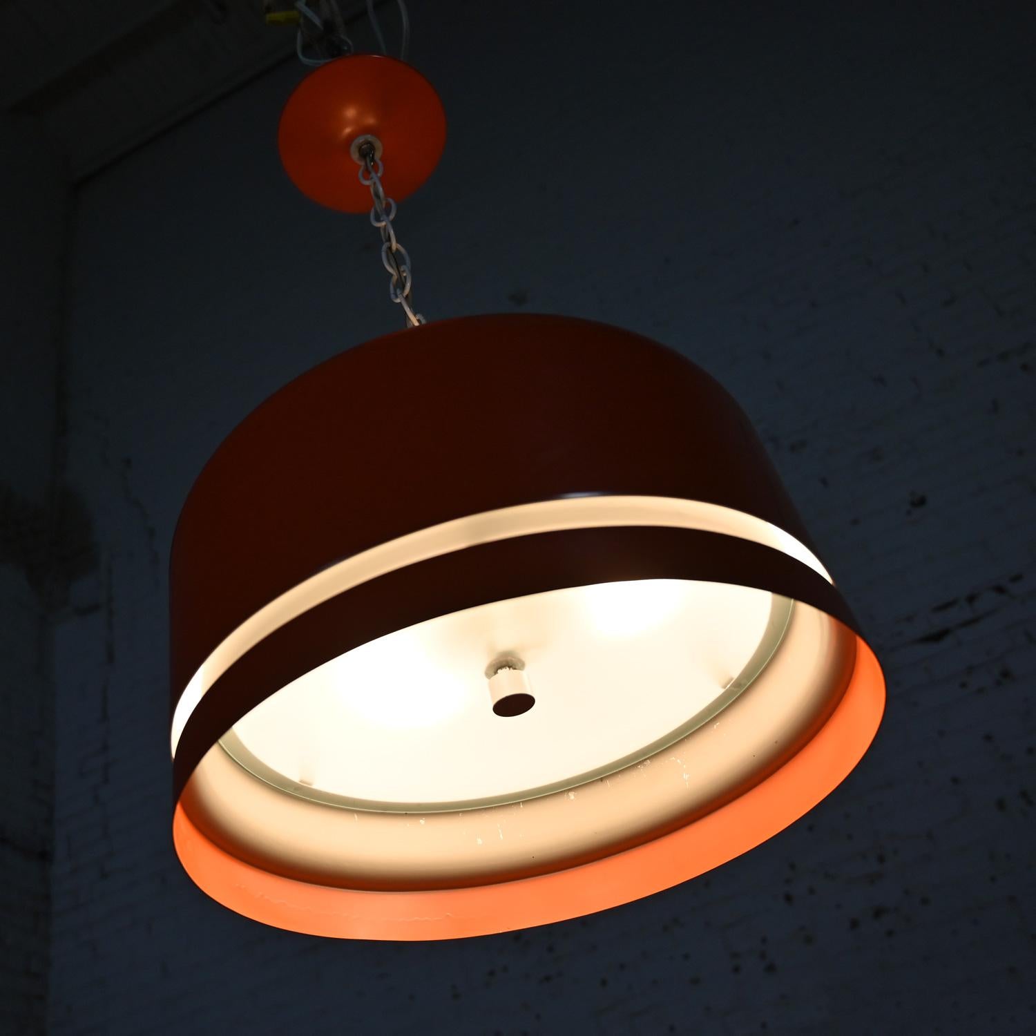 Mid Century Modern Orange Dome Pendant Hanging Light Fixture by Lightolier For Sale 6