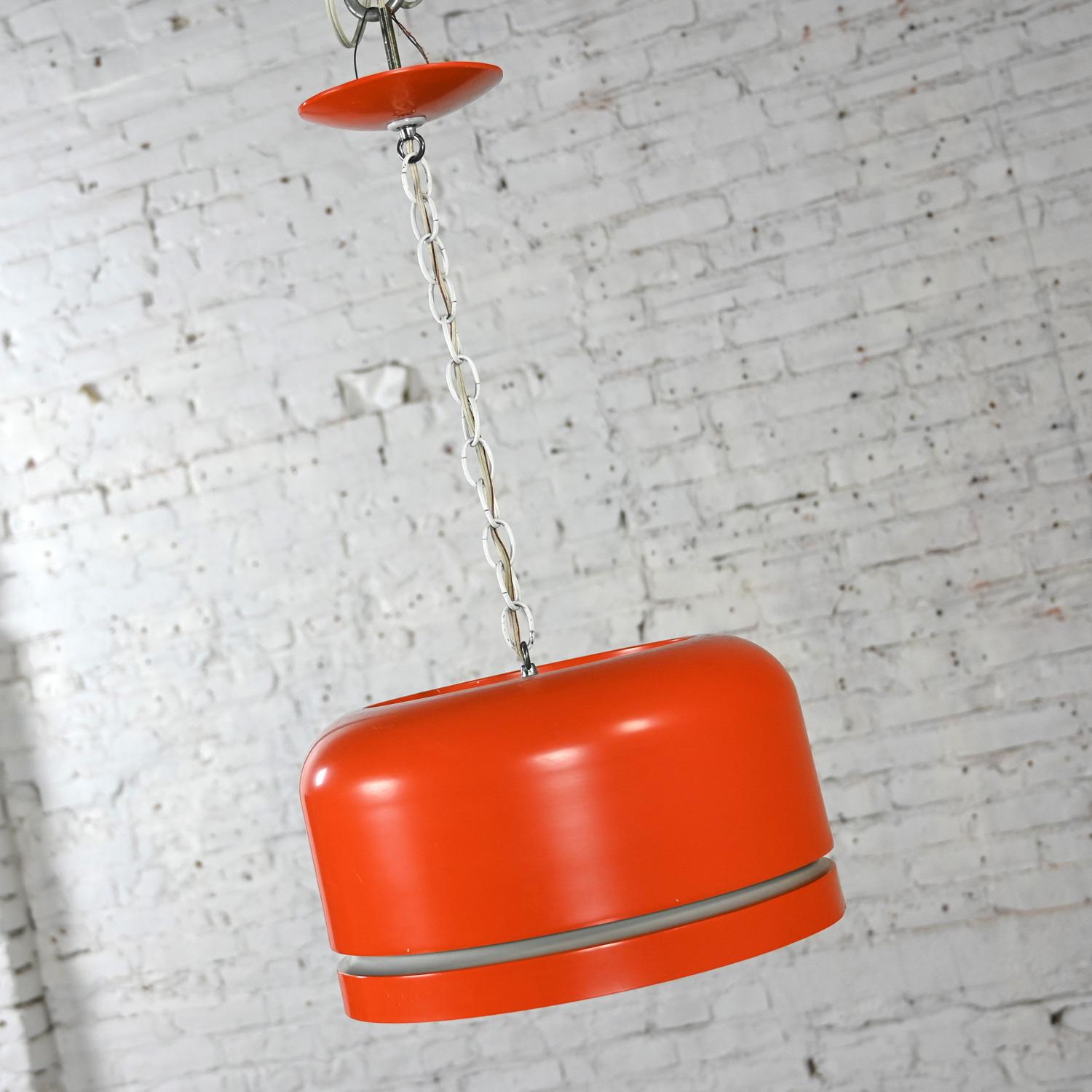 Mid Century Modern Orange Dome Pendant Hanging Light Fixture by Lightolier For Sale 7