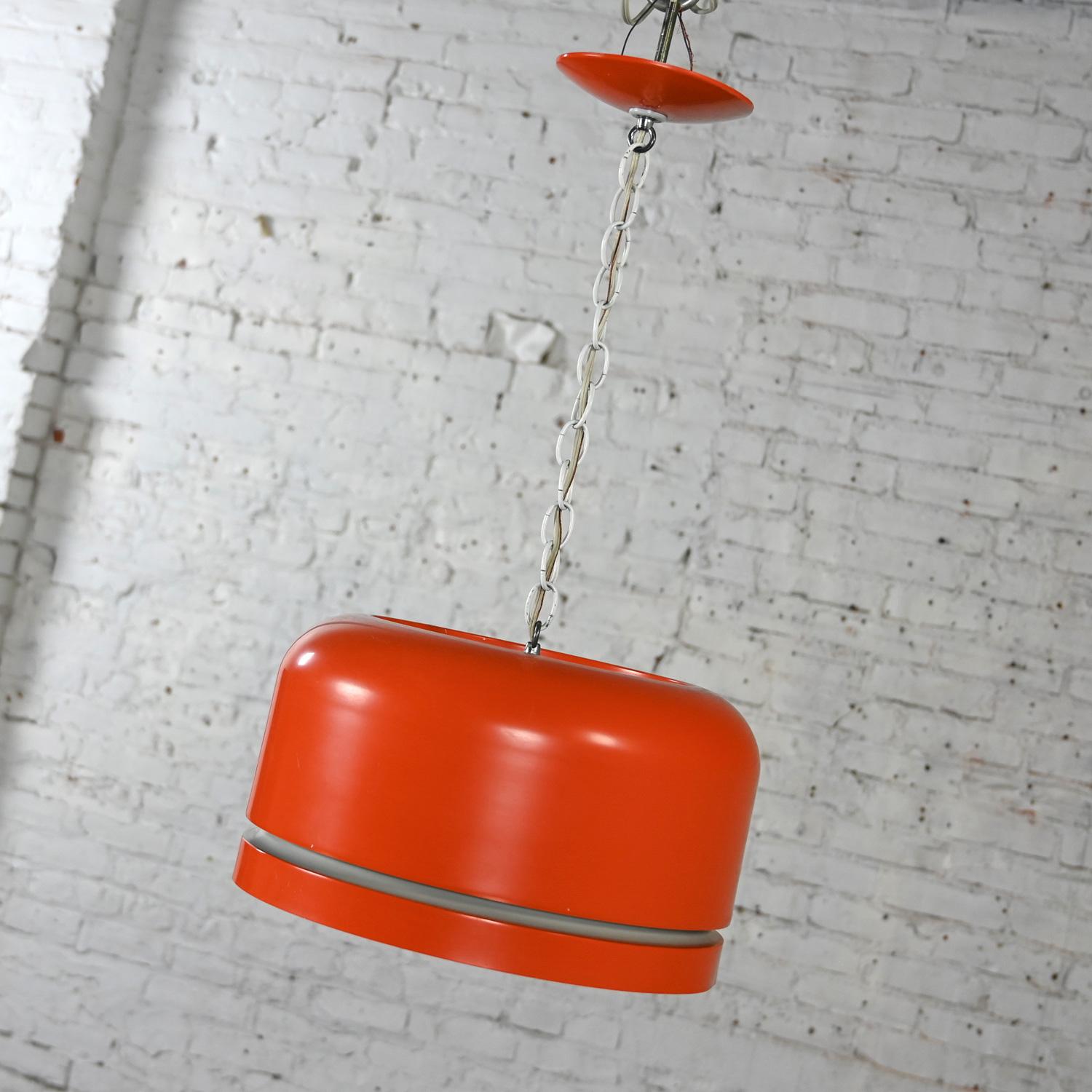 Mid Century Modern Orange Dome Pendant Hanging Light Fixture by Lightolier For Sale 8