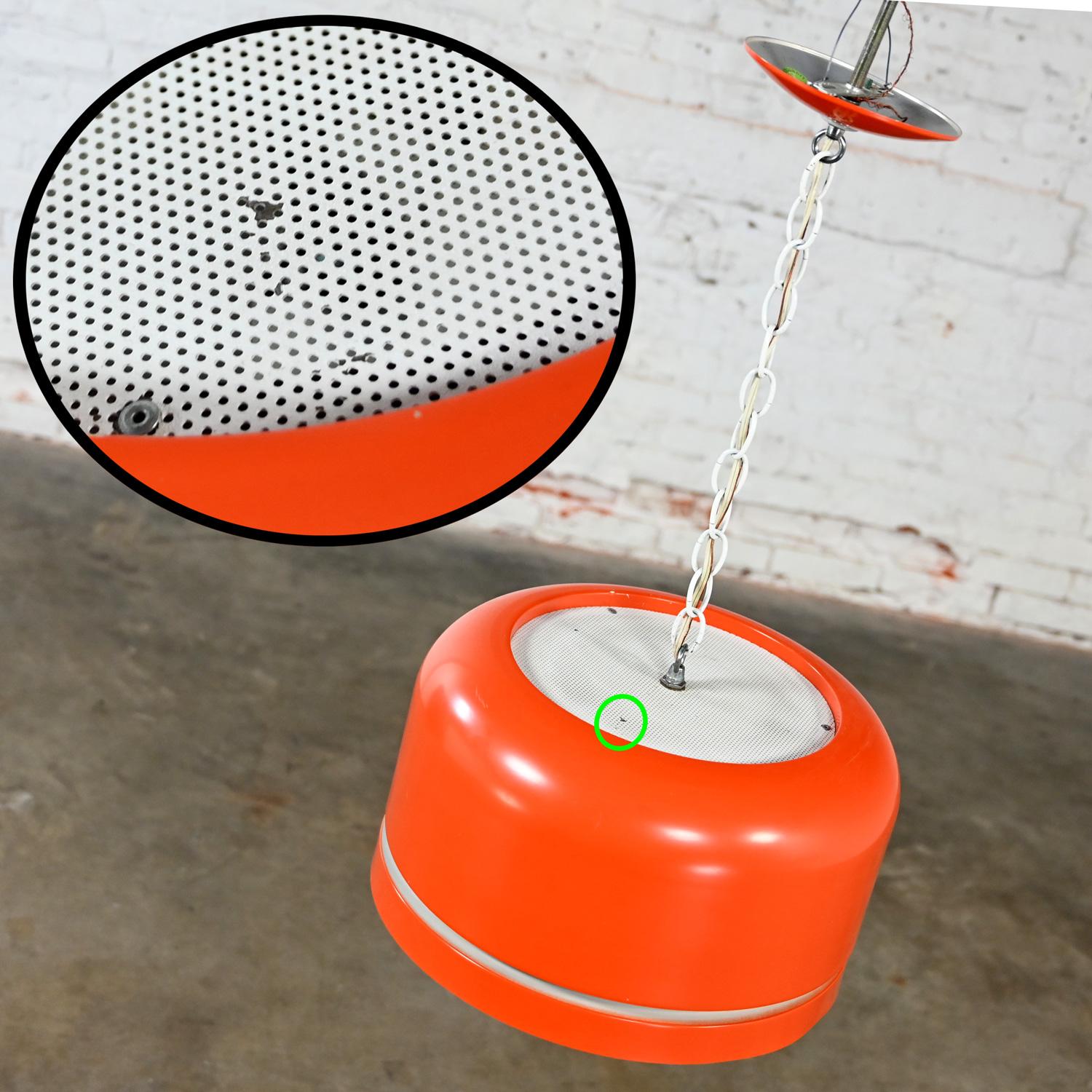 Mid Century Modern Orange Dome Pendant Hanging Light Fixture by Lightolier For Sale 11