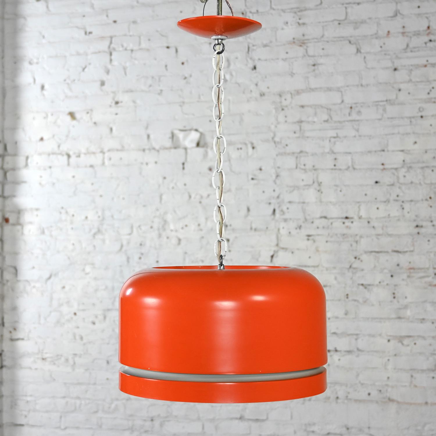 Mid-Century Modern Mid Century Modern Orange Dome Pendant Hanging Light Fixture by Lightolier For Sale