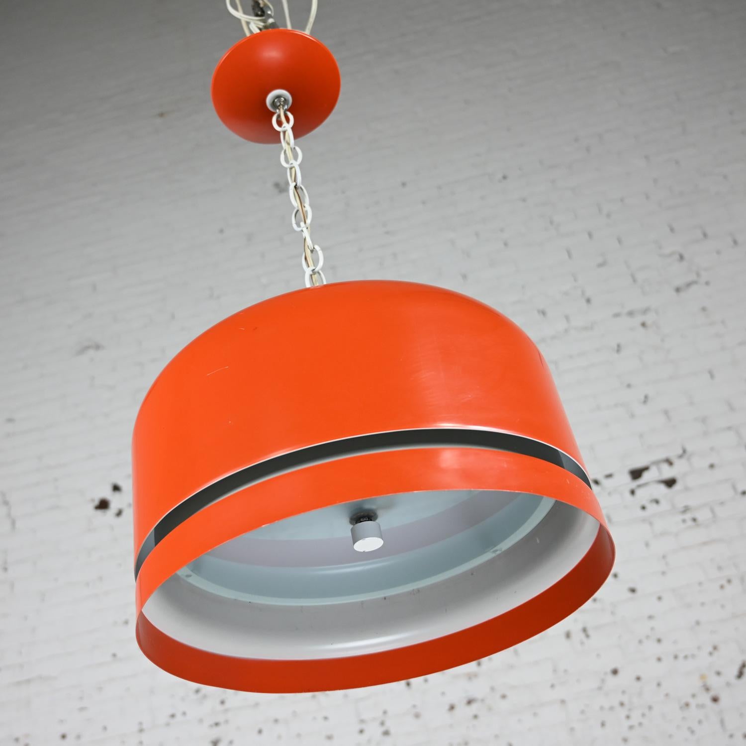 20th Century Mid Century Modern Orange Dome Pendant Hanging Light Fixture by Lightolier For Sale