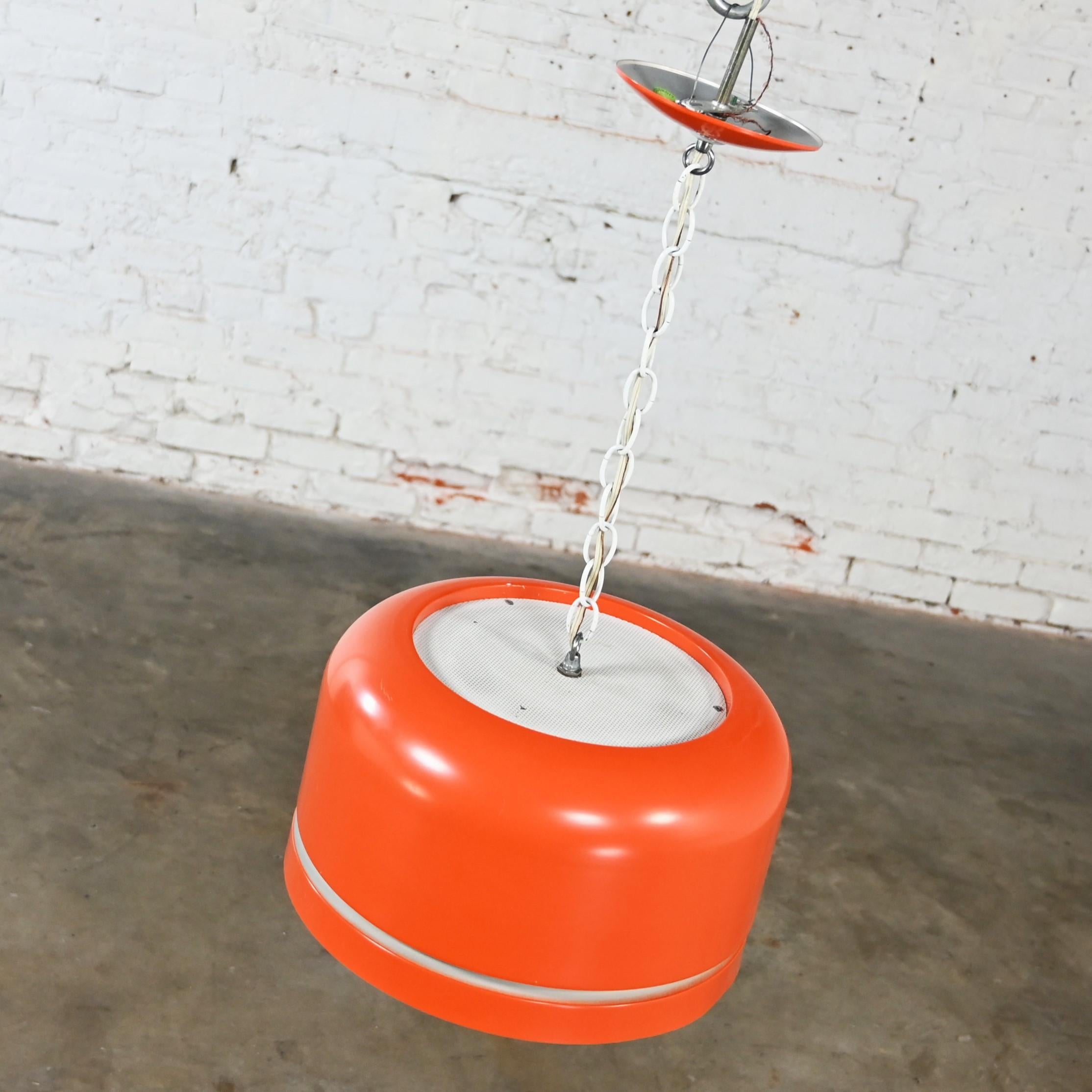 Metal Mid Century Modern Orange Dome Pendant Hanging Light Fixture by Lightolier For Sale