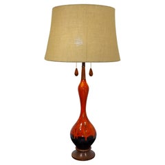 Vintage Mid-Century Modern Orange Drip Glazed Ceramic Double Wood Pull Table Lamp 1960s