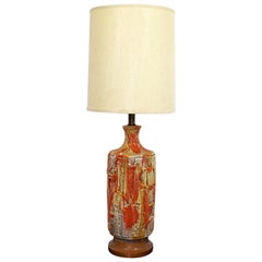 Mid-Century Modern Orange Fat Lava Drip Glazed Ceramic Table Lamp Brass Wood