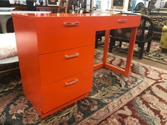 Mid-Century Modern Orange Lacquer Writing Desk Bookcase Secretary