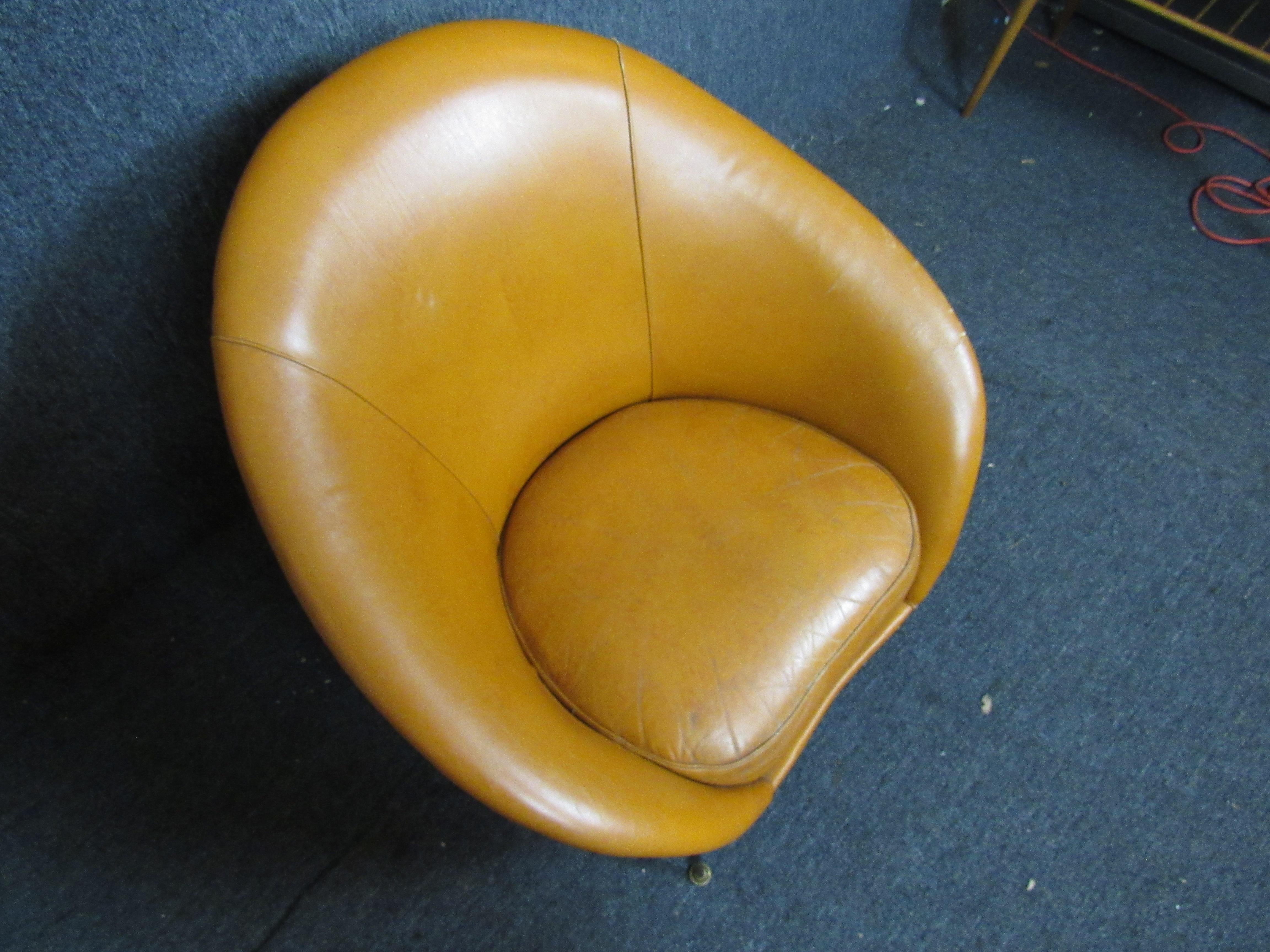 Brass Mid-Century Modern Orange Leather Club Chair For Sale