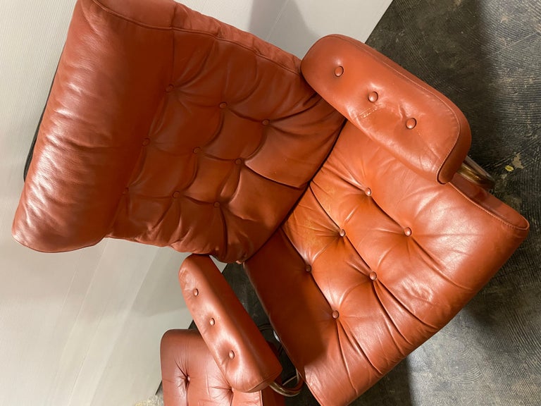 Mid-Century Modern Orange Leather Ekornes Stressless Recliner Chair with Ottoman 1