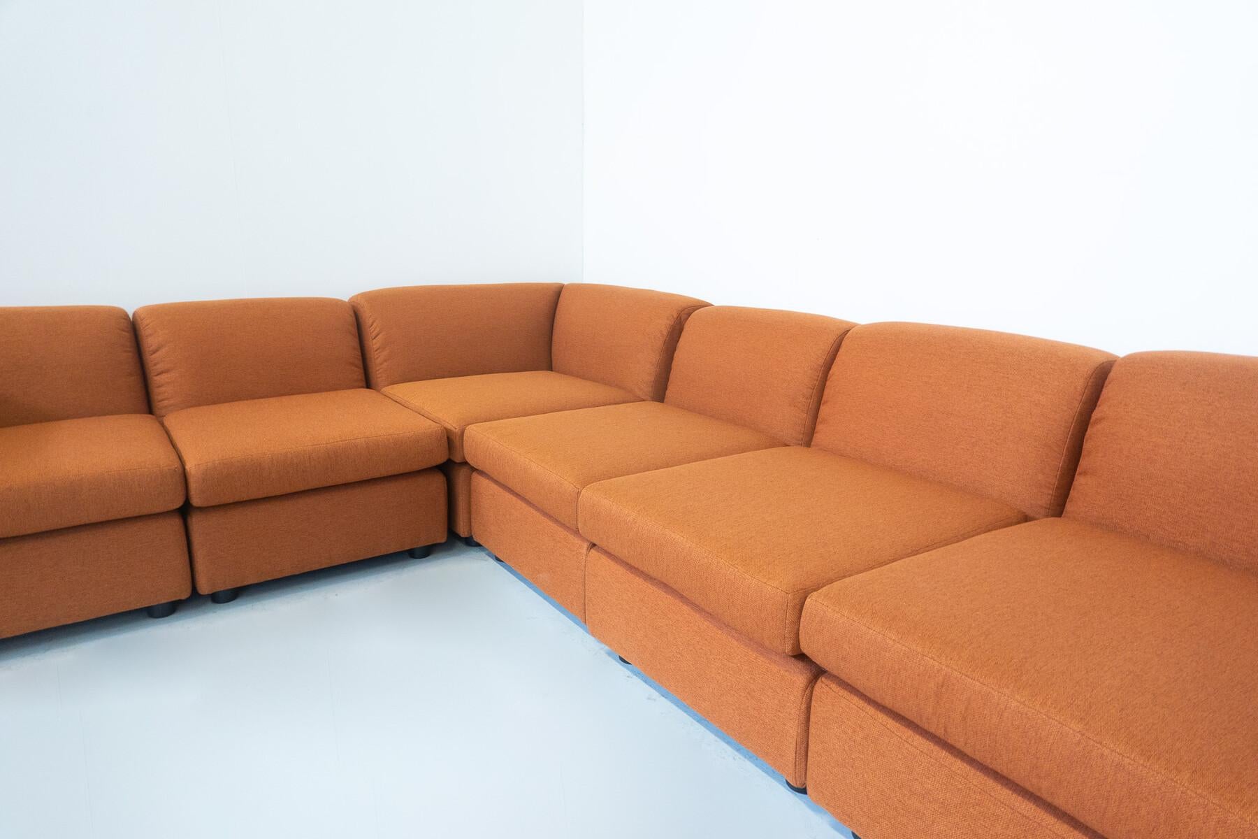 Fabric Mid-Century Modern Orange Modular Sofa, Italy, 1960s - New Upholstery For Sale