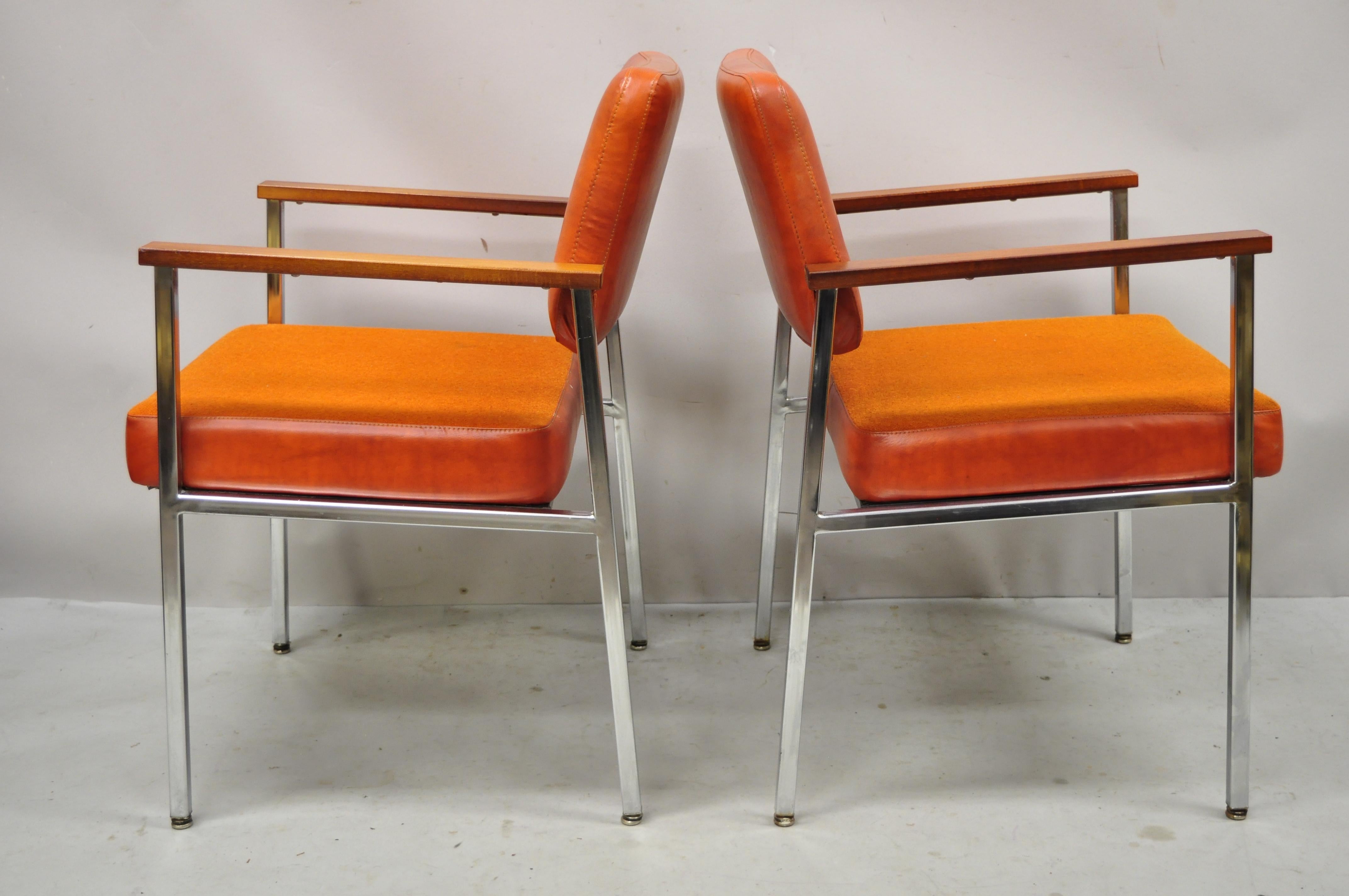Mid Century Modern Orange Naugahyde Chrome Frame Lounge Arm Chairs by Malibu Ind 1
