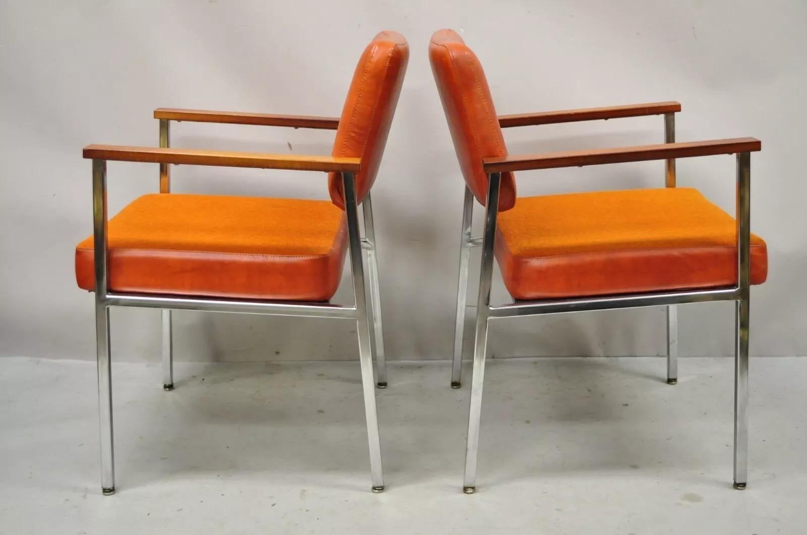 Mid Century Modern Orange Naugahyde Chrome Frame Lounge Arm Chairs by Malibu Ind For Sale 4
