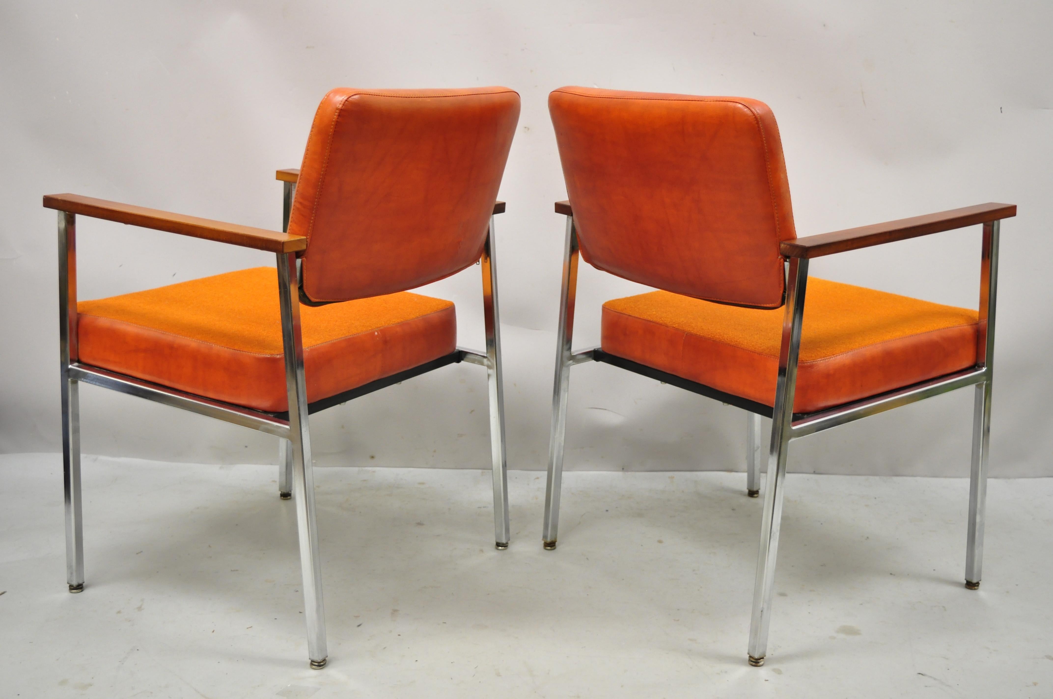 Mid Century Modern Orange Naugahyde Chrome Frame Lounge Arm Chairs by Malibu Ind 2