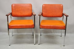 Mid Century Modern Orange Naugahyde Chrome Frame Lounge Arm Chairs by Malibu Ind