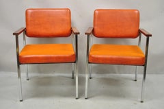 Mid Century Modern Orange Naugahyde Chrome Frame Lounge Arm Chairs by Malibu Ind