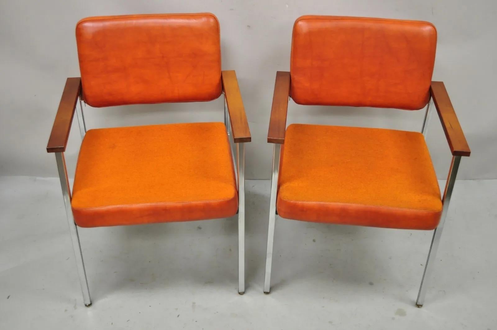 Mid-Century Modern Mid Century Modern Orange Naugahyde Chrome Frame Lounge Arm Chairs by Malibu Ind For Sale