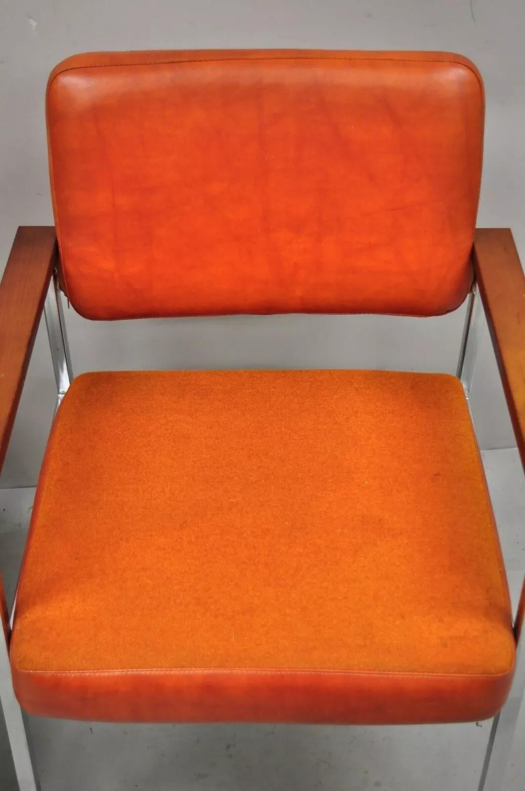 Mid Century Modern Orange Naugahyde Chrome Frame Lounge Arm Chairs by Malibu Ind In Good Condition For Sale In Philadelphia, PA