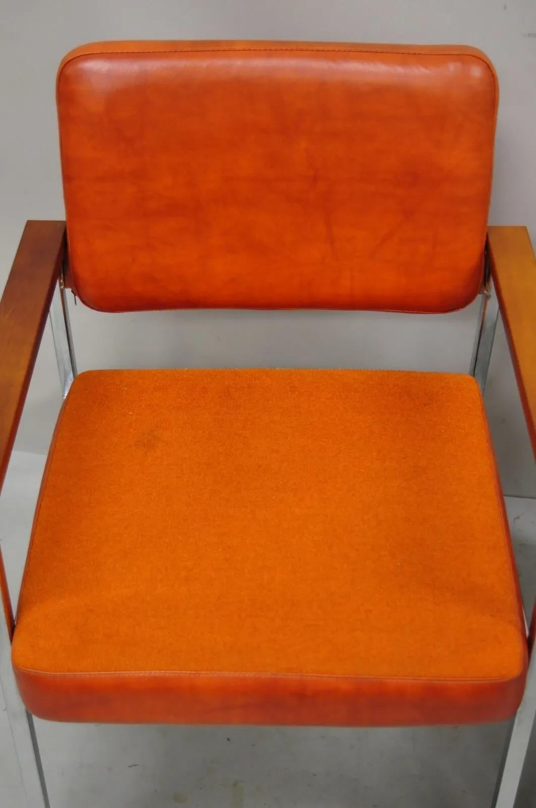 Metal Mid Century Modern Orange Naugahyde Chrome Frame Lounge Arm Chairs by Malibu Ind For Sale