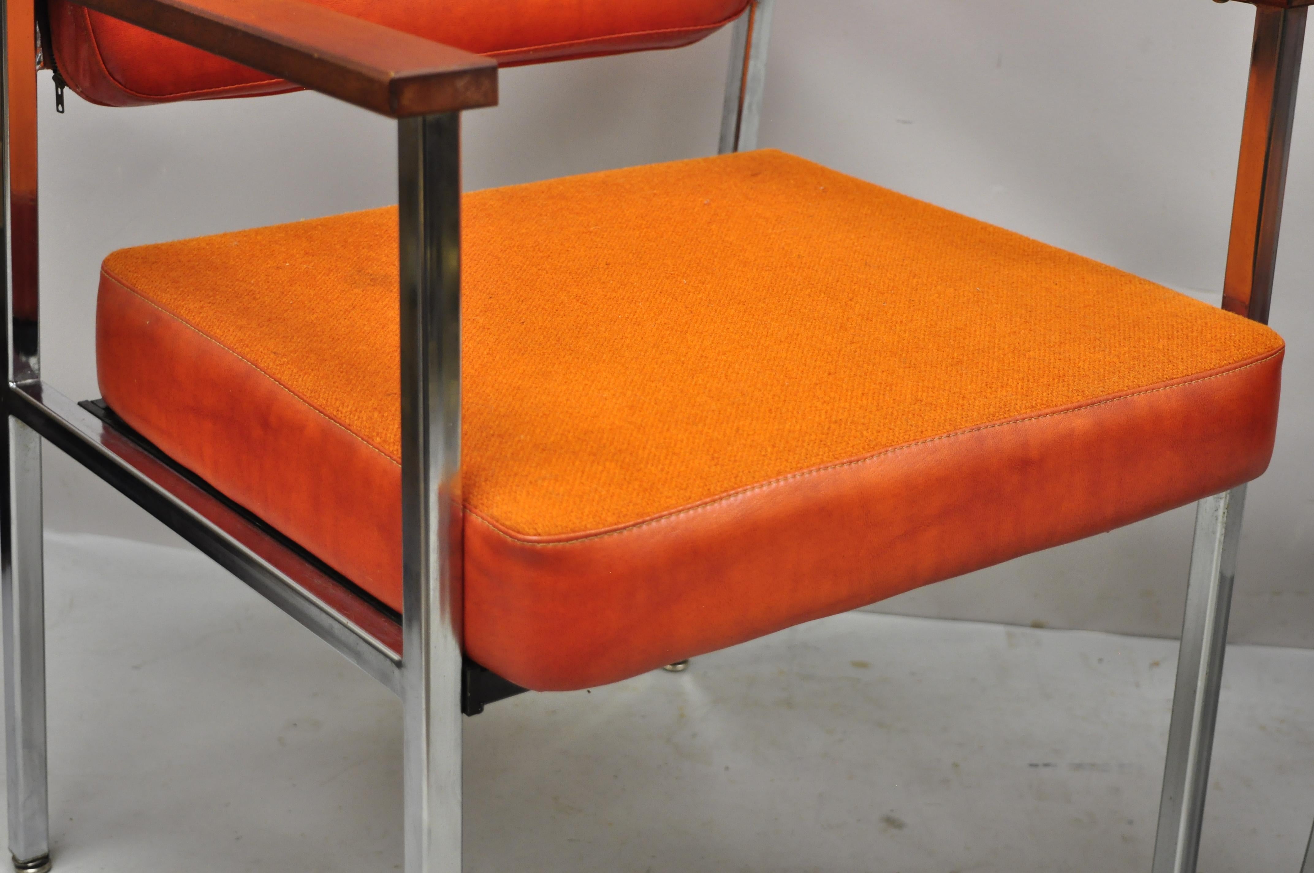 Mid Century Modern Orange Naugahyde Chrome Frame Lounge Arm Chairs by Malibu Ind In Good Condition In Philadelphia, PA