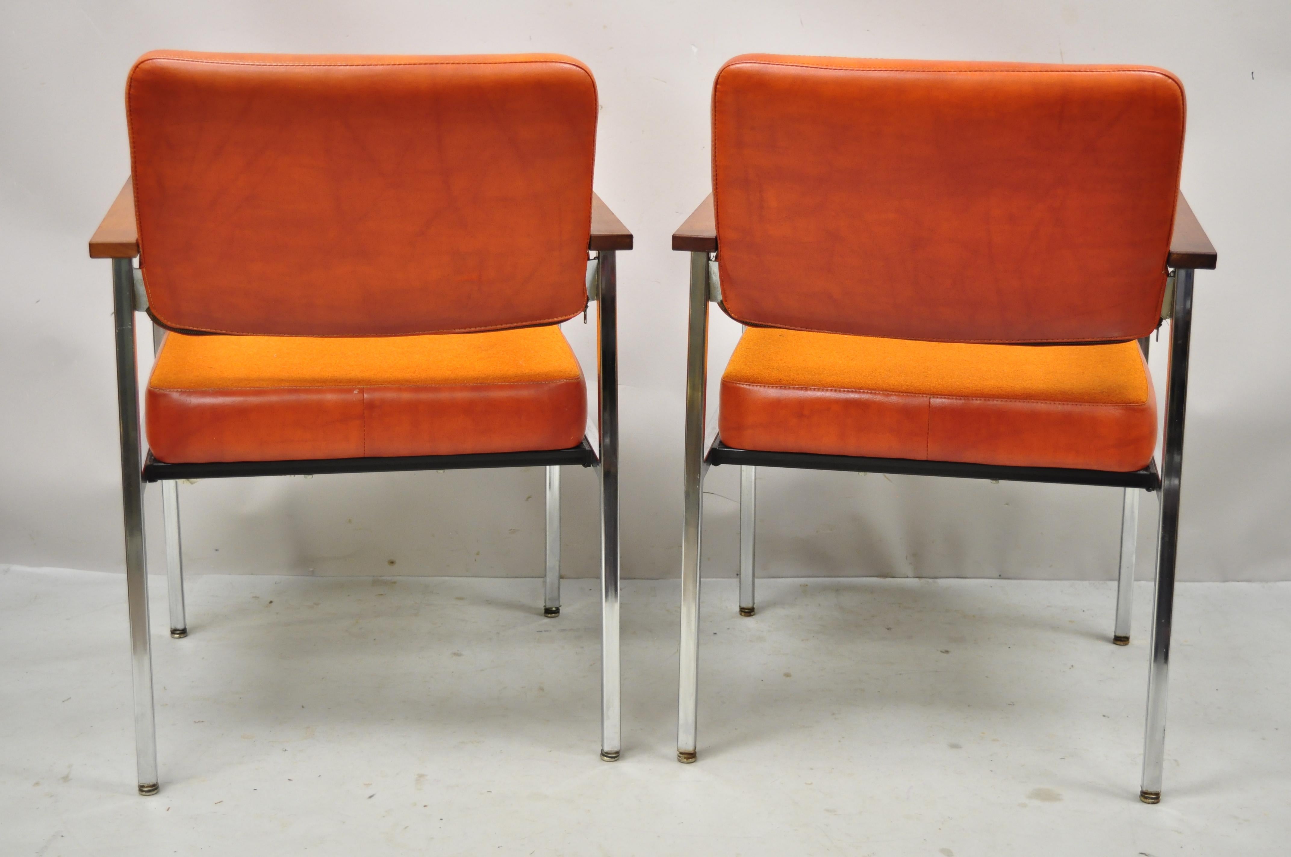 20th Century Mid Century Modern Orange Naugahyde Chrome Frame Lounge Arm Chairs by Malibu Ind