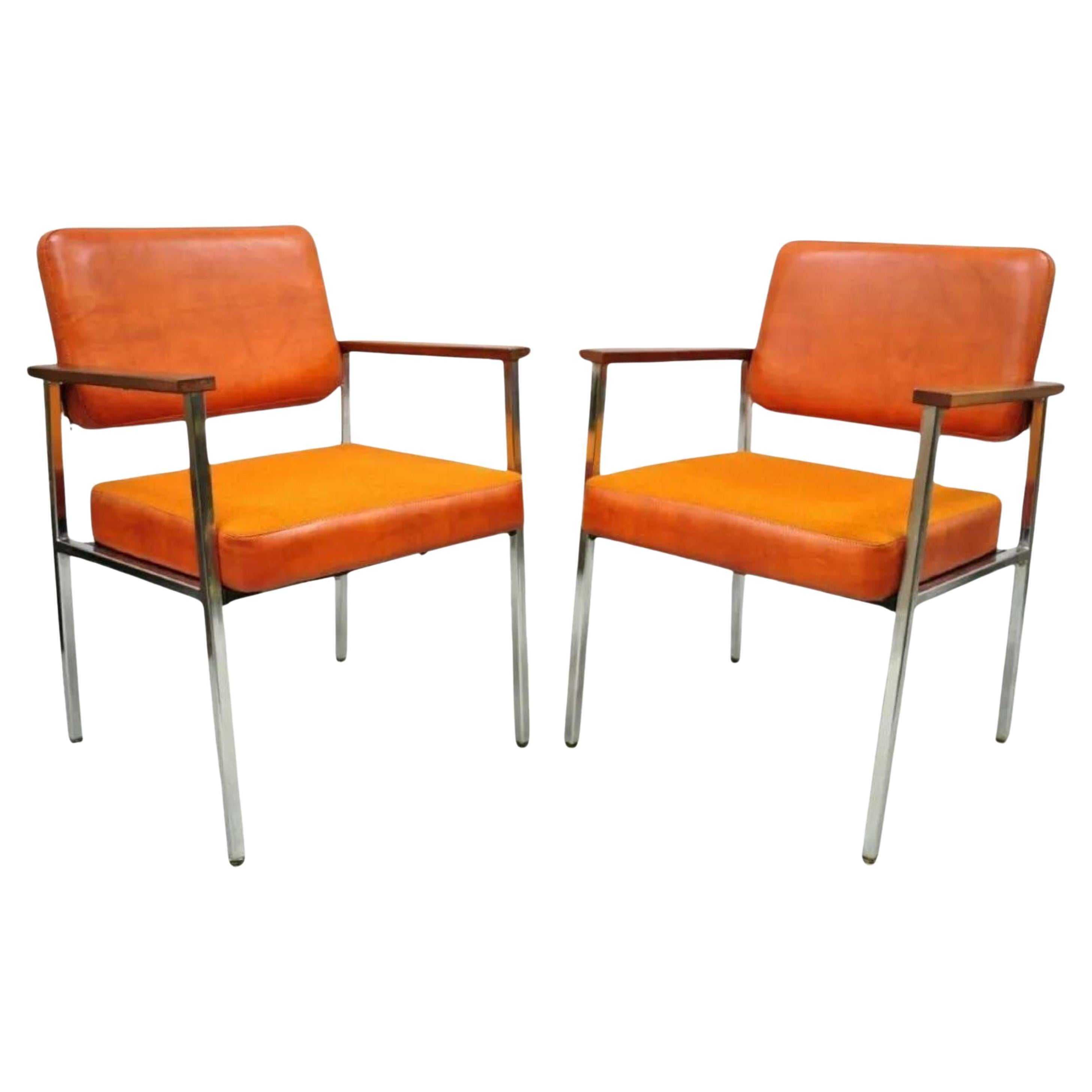 Mid Century Modern Orange Naugahyde Chrome Frame Lounge Arm Chairs by Malibu Ind For Sale