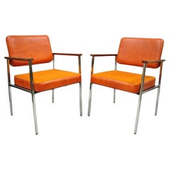 Retro Mid Century Modern Orange Naugahyde Chrome Frame Lounge Arm Chairs by Malibu Ind