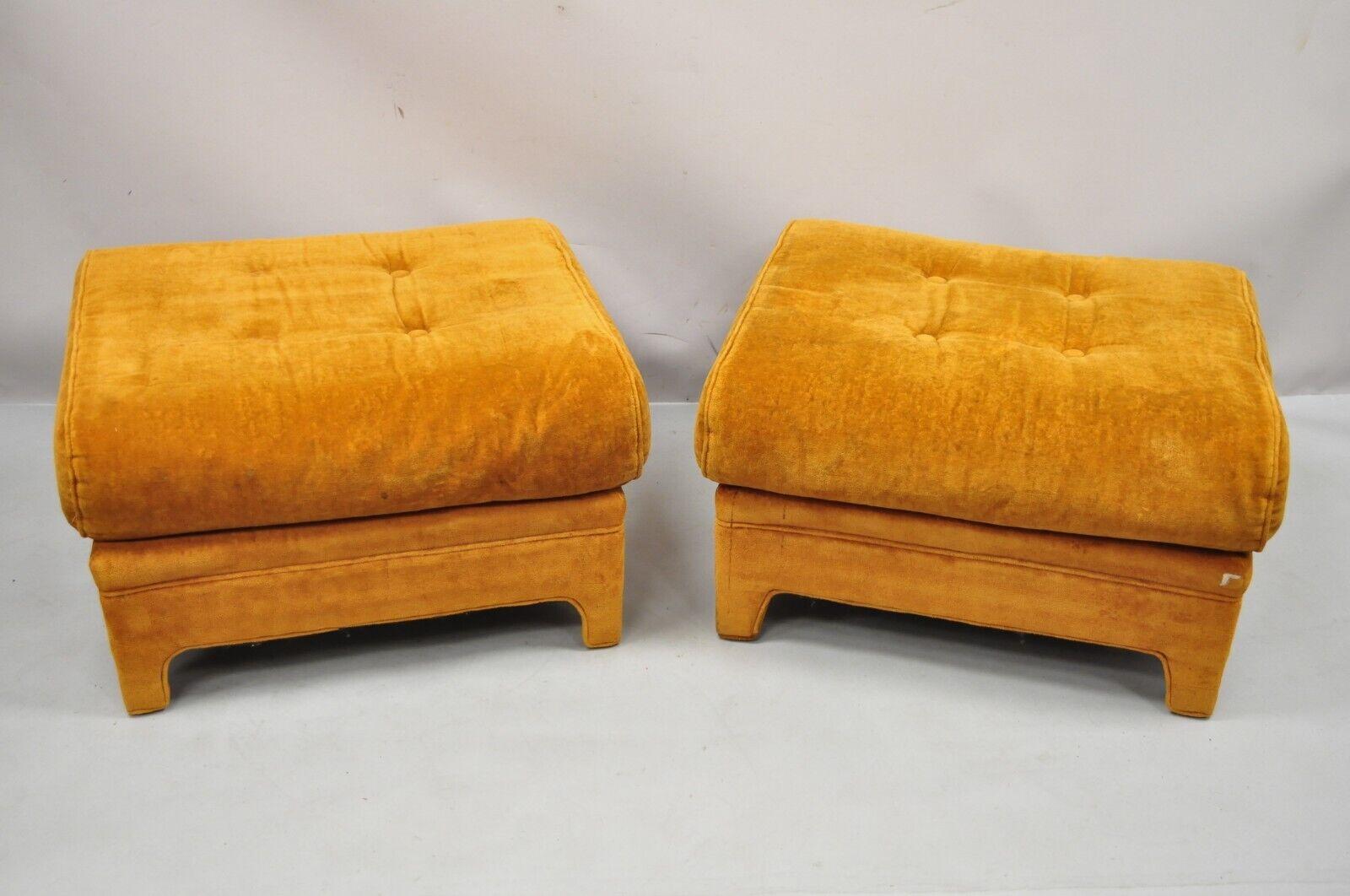 Mid-Century Modern Orange Oversized Fully Upholstered Ottomans by Pembrook - A Pair. Item features original orange fully upholstered frames, nice oversized design, solid wood frames, original label, very nice vintage pair, clean modernist lines.
