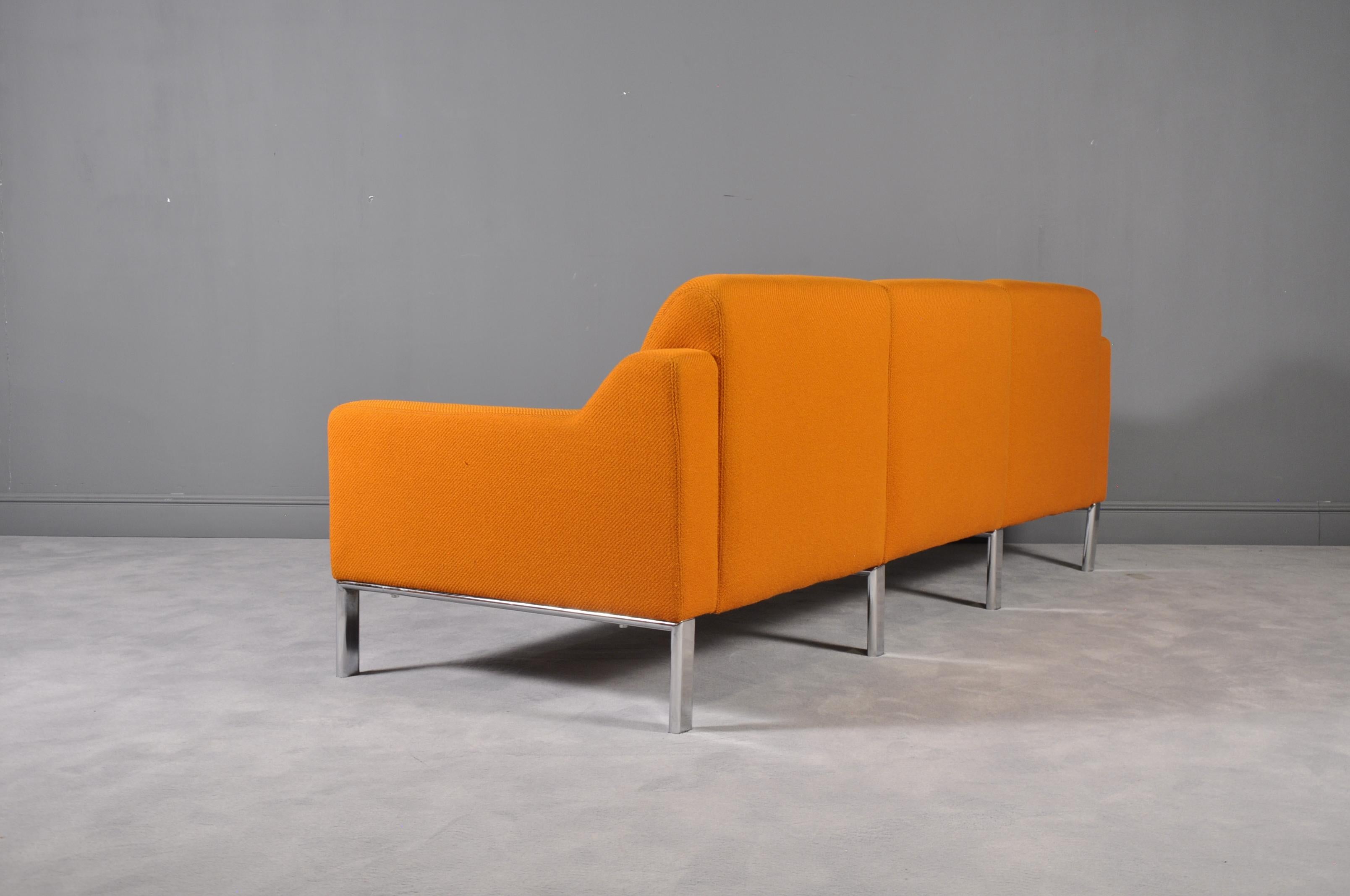 Stainless Steel Mid-Century Modern Orange Three-Seater Sofa, 1980s