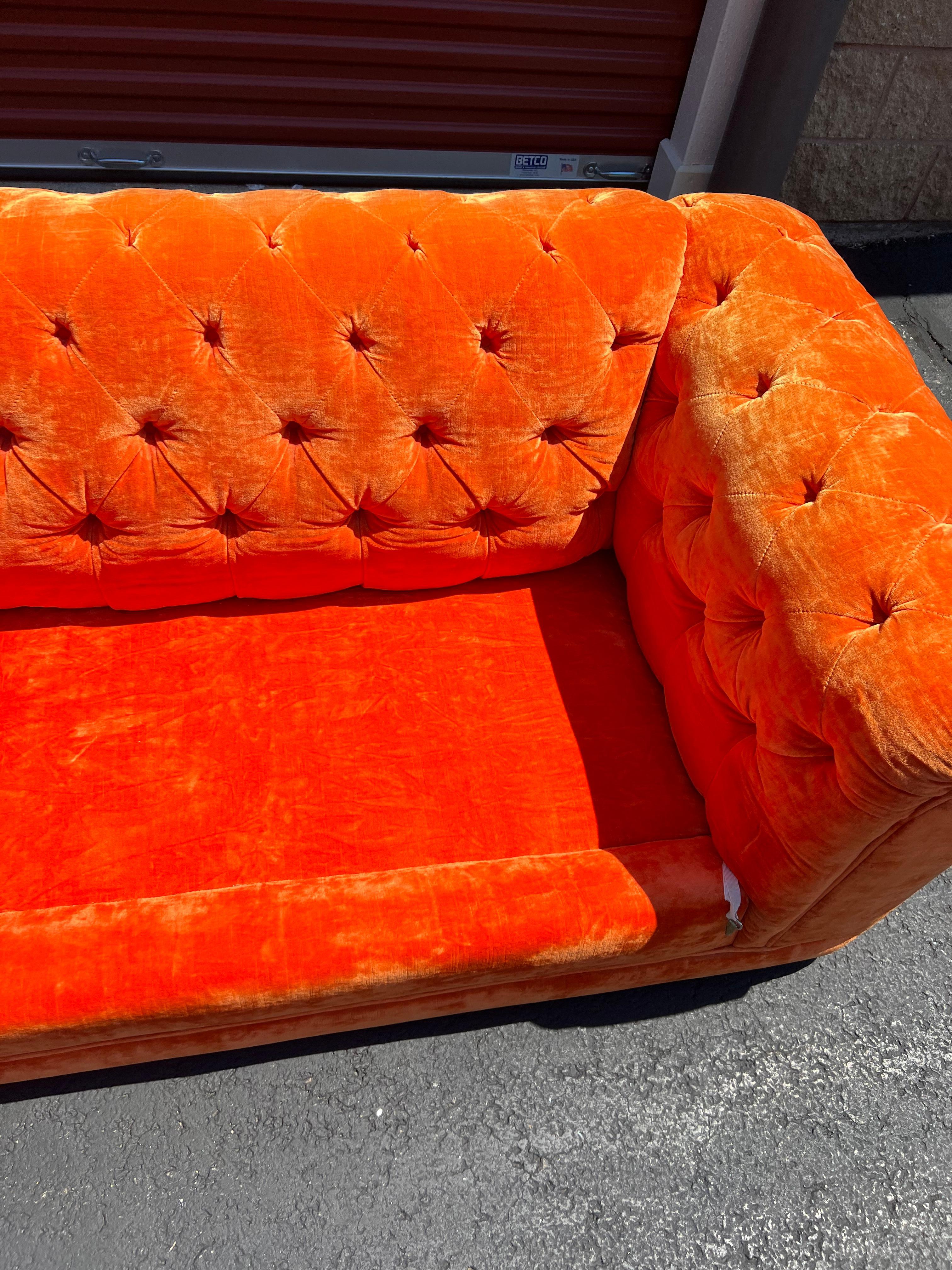 Mid Century Modern Orange Tufted Chesterfield Sofa - Dunbar Baughman Style 6