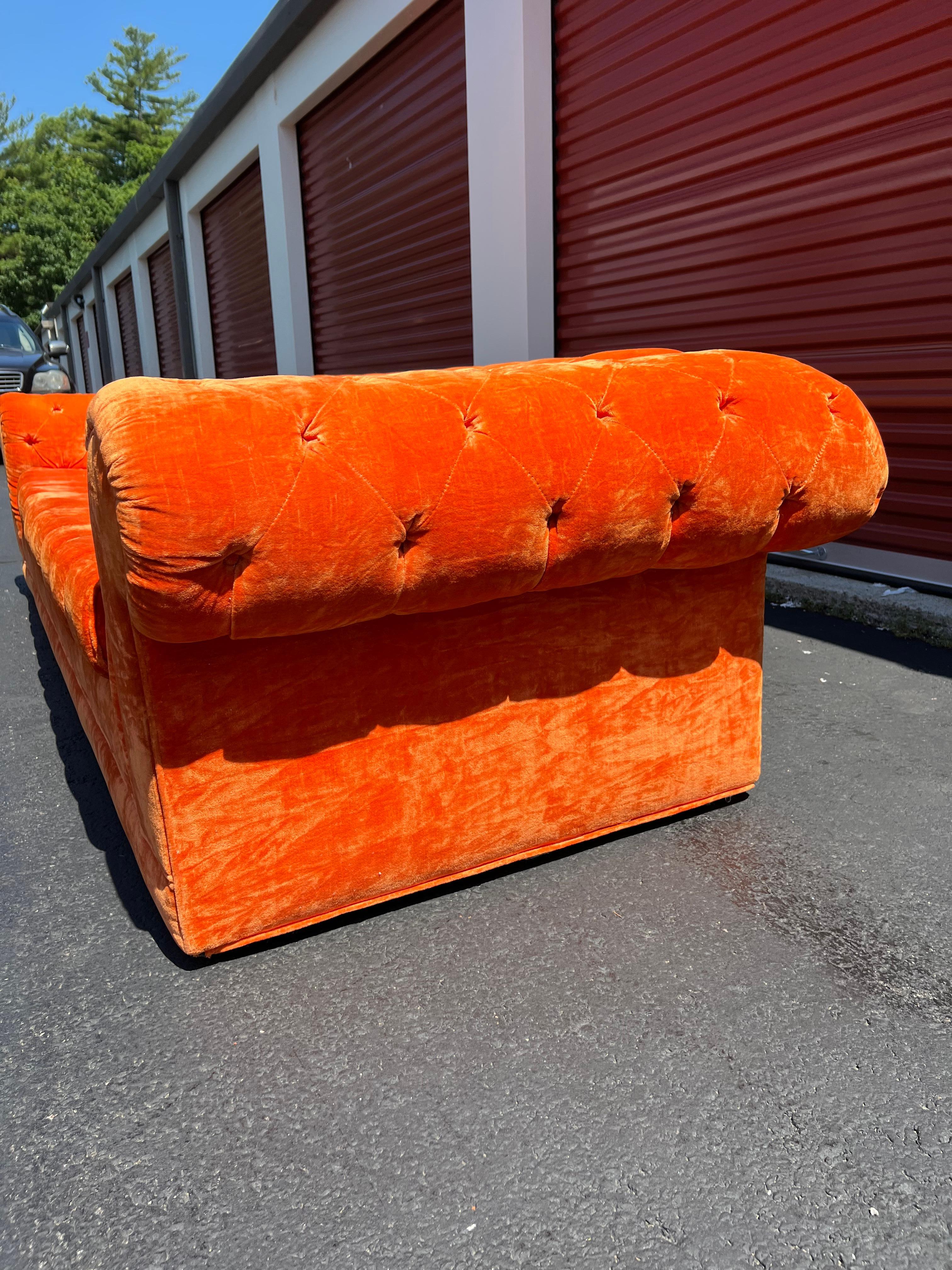 Mid Century Modern Orange Tufted Chesterfield Sofa - Dunbar Baughman Style In Good Condition In Asheville, NC