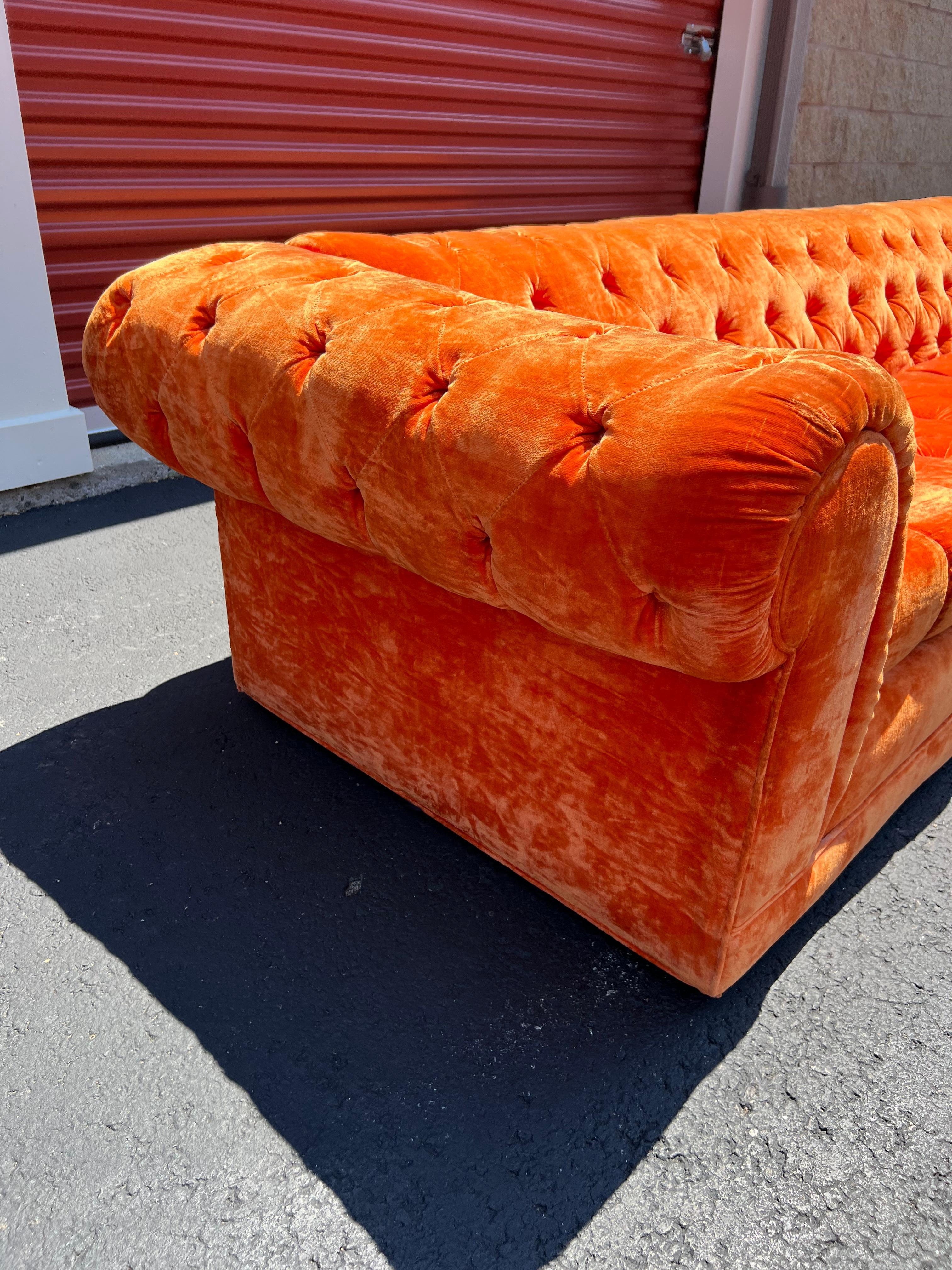 Upholstery Mid Century Modern Orange Tufted Chesterfield Sofa - Dunbar Baughman Style