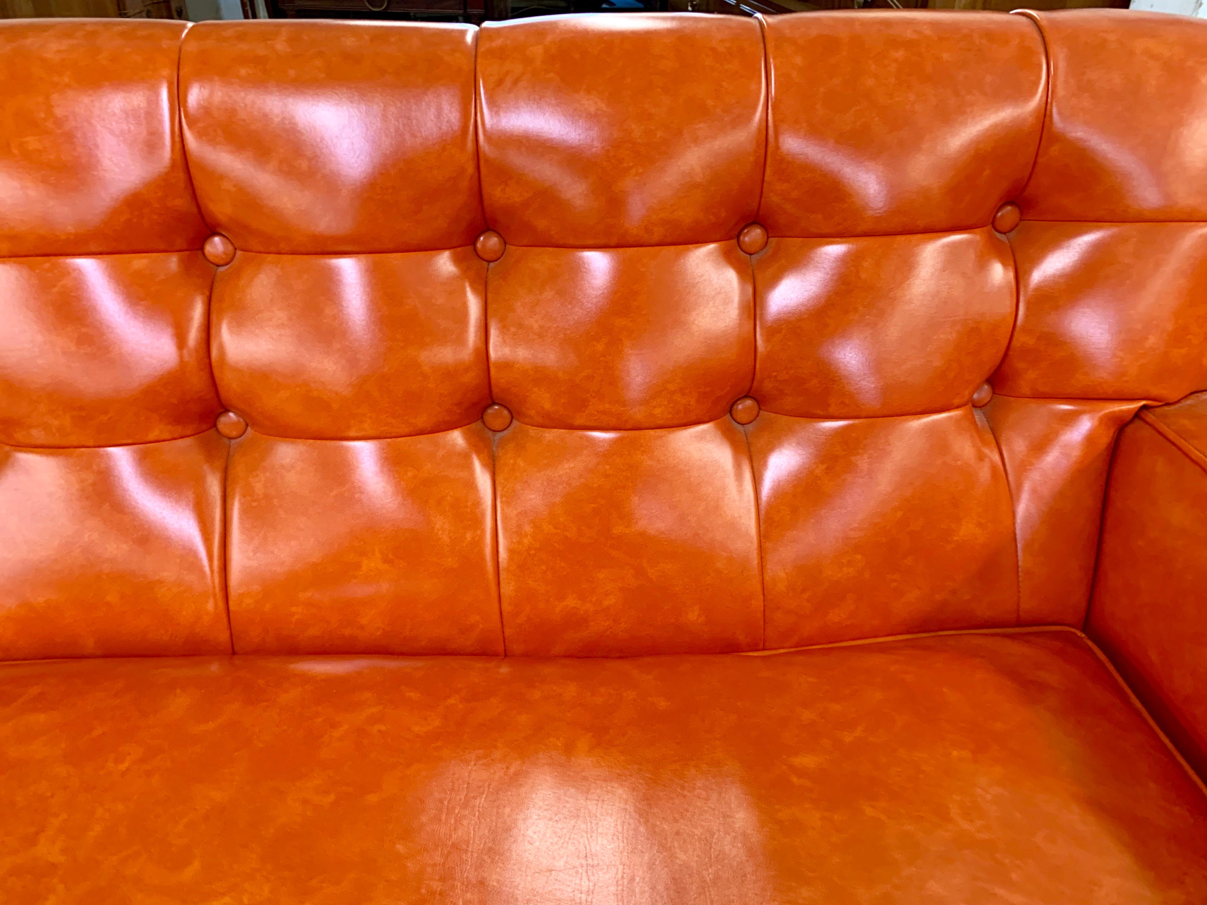 American Mid-Century Modern Orange Tufted Chesterfield Sofa