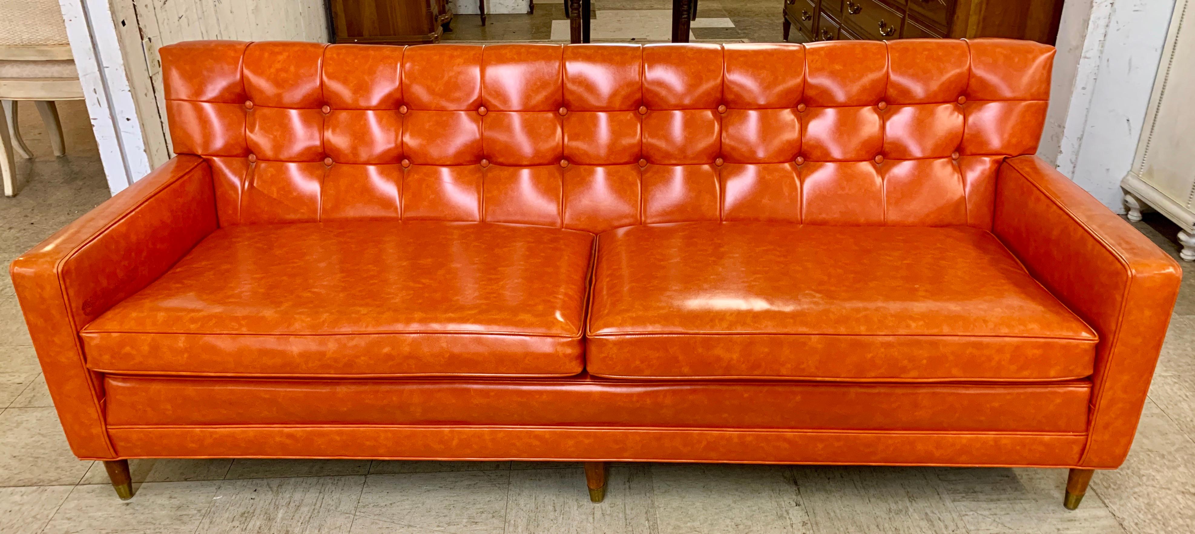 Fabric Mid-Century Modern Orange Tufted Chesterfield Sofa