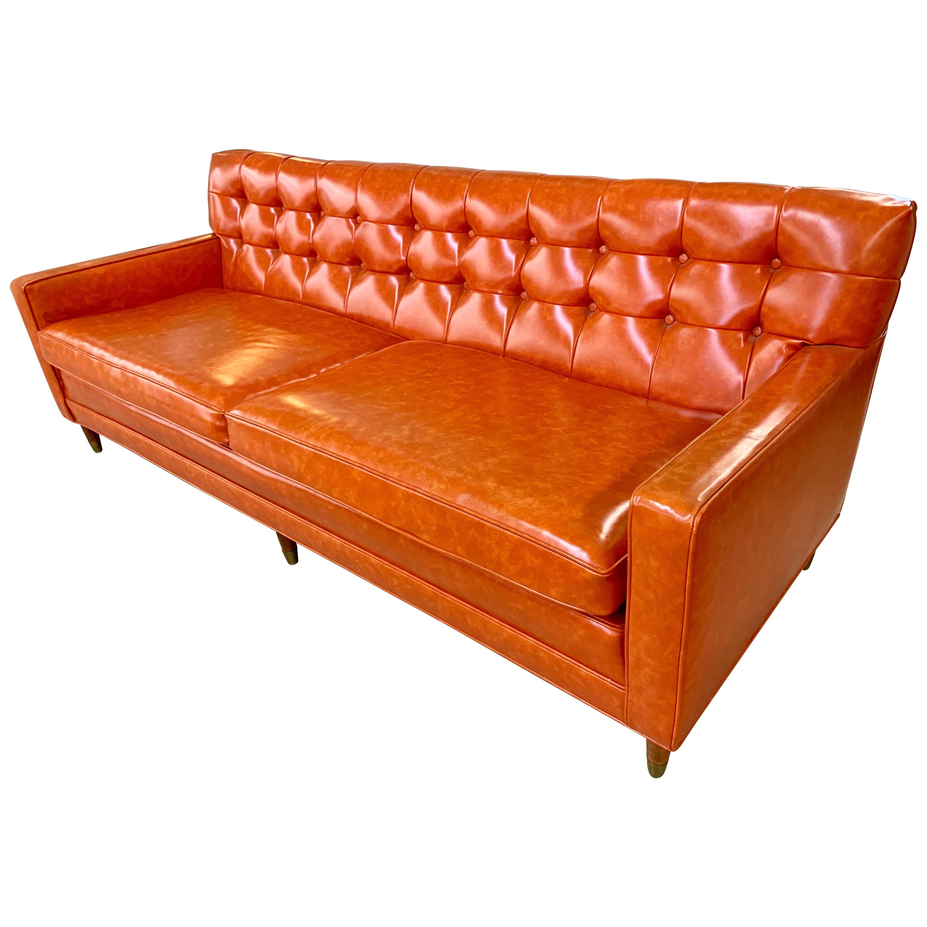 Mid-Century Modern Orange Tufted Chesterfield Sofa