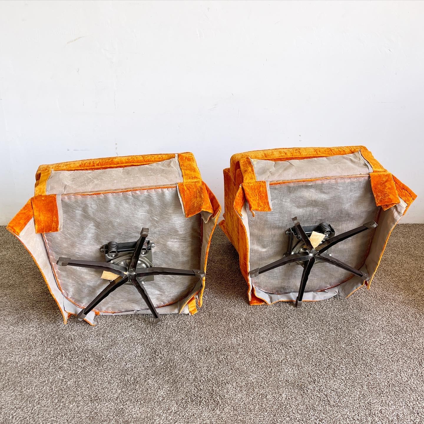 Mid-Century Modern Mid Century Modern Orange Velvet Tufted Swivel Rocking Chairs - a Pair