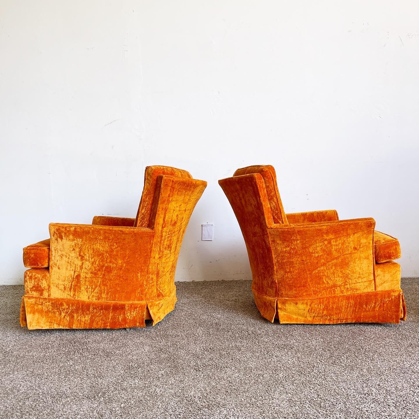 American Mid Century Modern Orange Velvet Tufted Swivel Rocking Chairs - a Pair