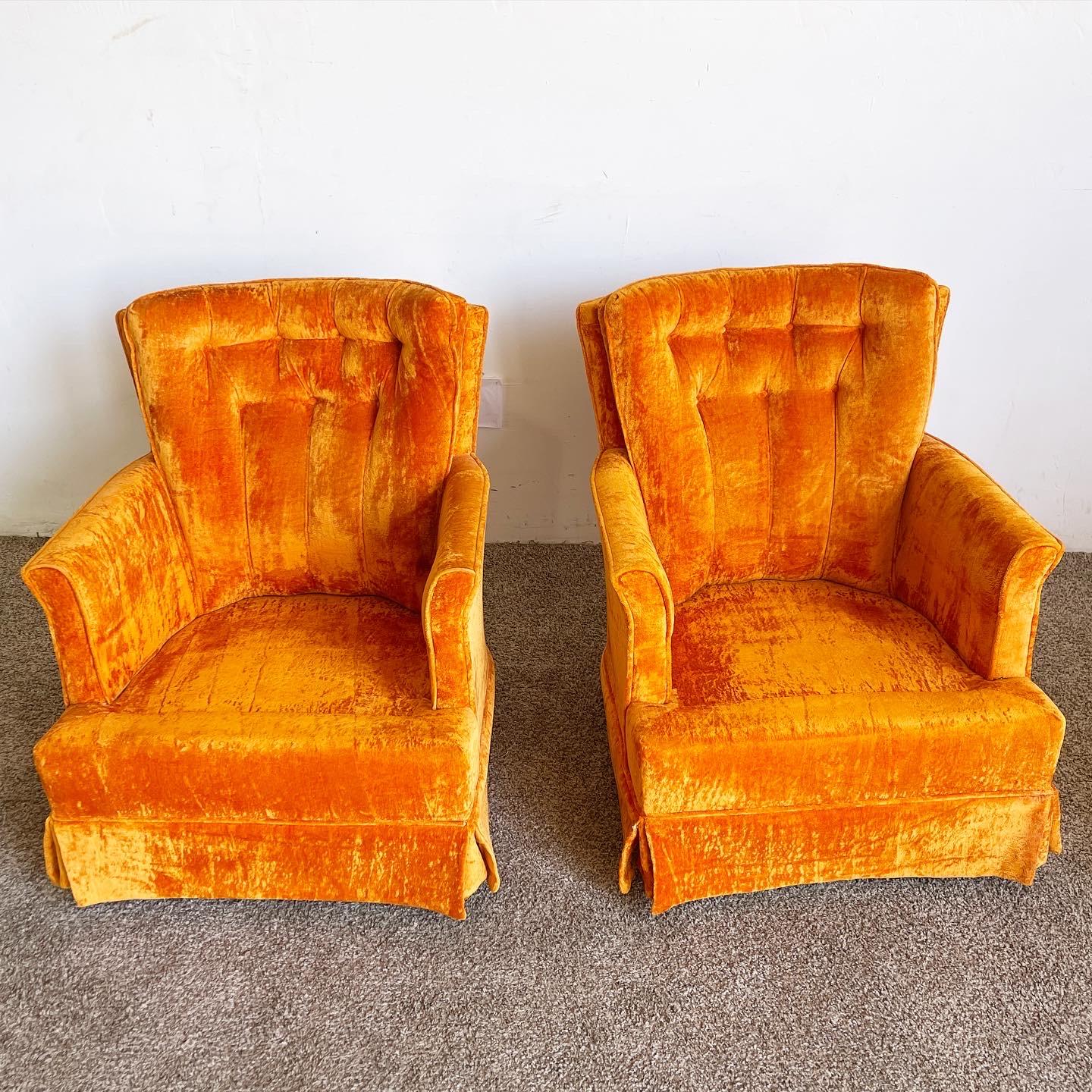Mid Century Modern Orange Velvet Tufted Swivel Rocking Chairs - a Pair In Good Condition In Delray Beach, FL