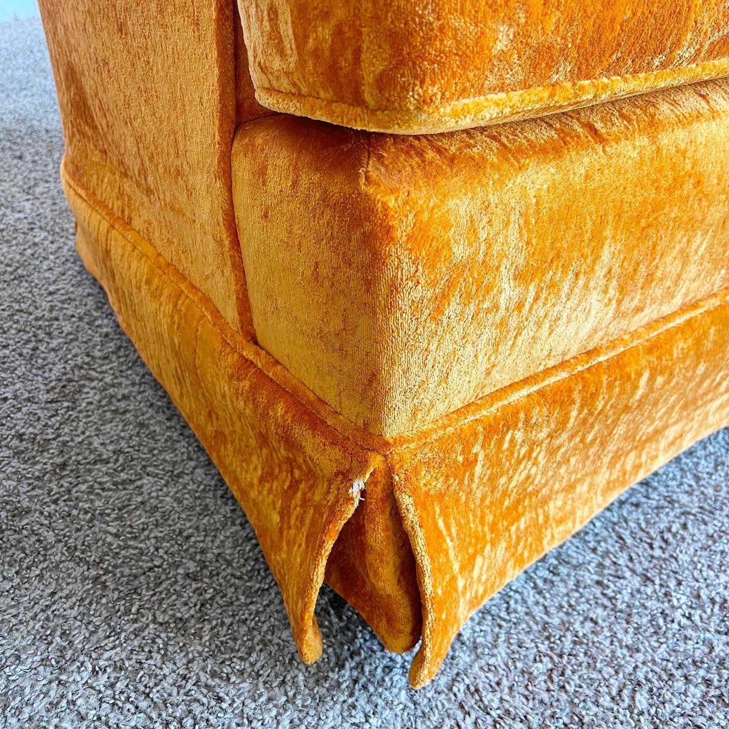 Late 20th Century Mid Century Modern Orange Velvet Tufted Swivel Rocking Chairs - a Pair