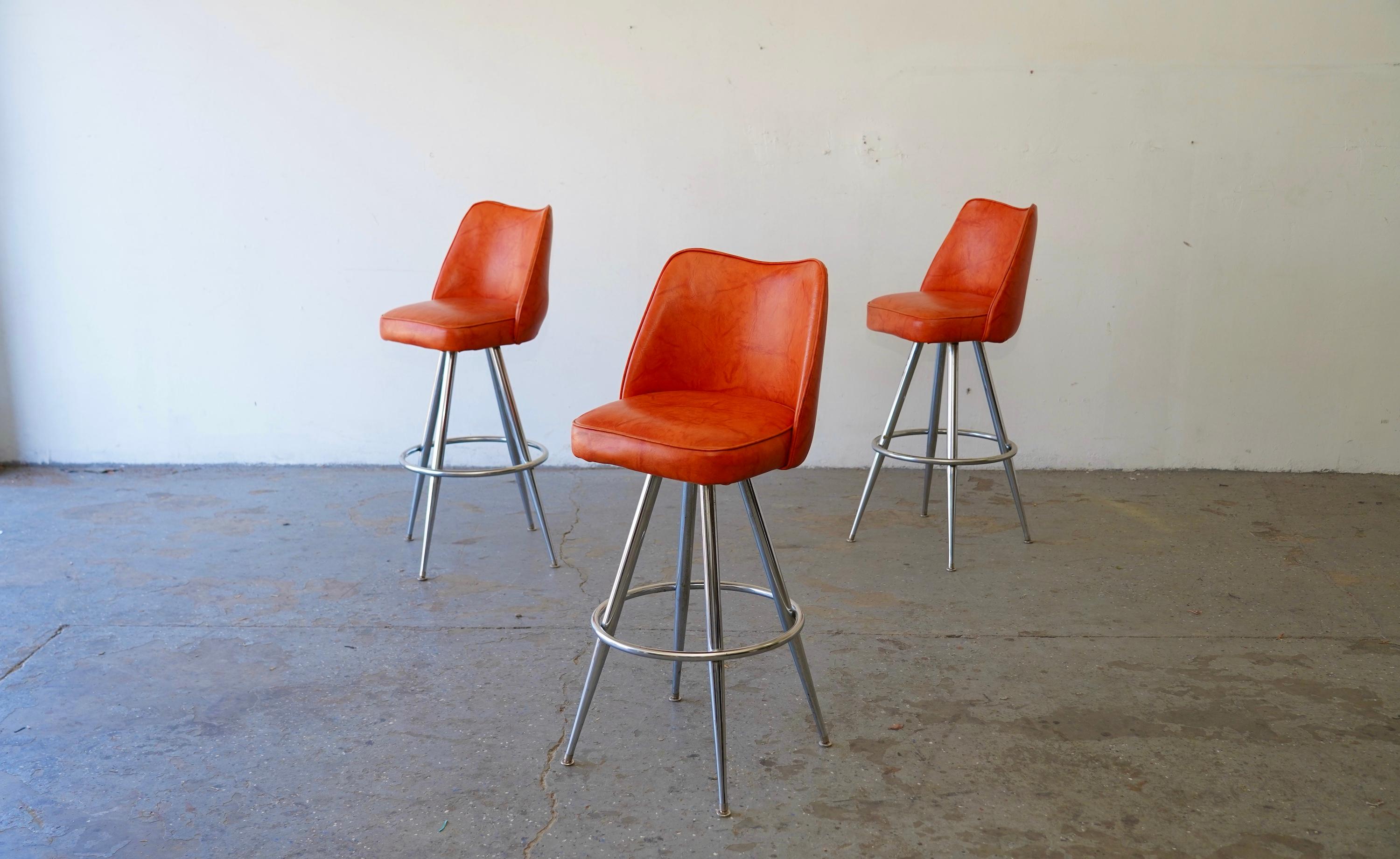 Mid-Century Modern Orange Vinyl & Chrome Swivel Bar Stools — Set of 3 For Sale 5